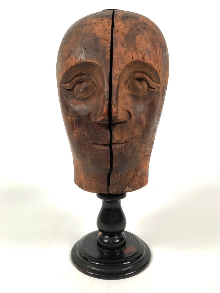 19th Century Carved Head of a Man, Hat Display Form at 1stDibs