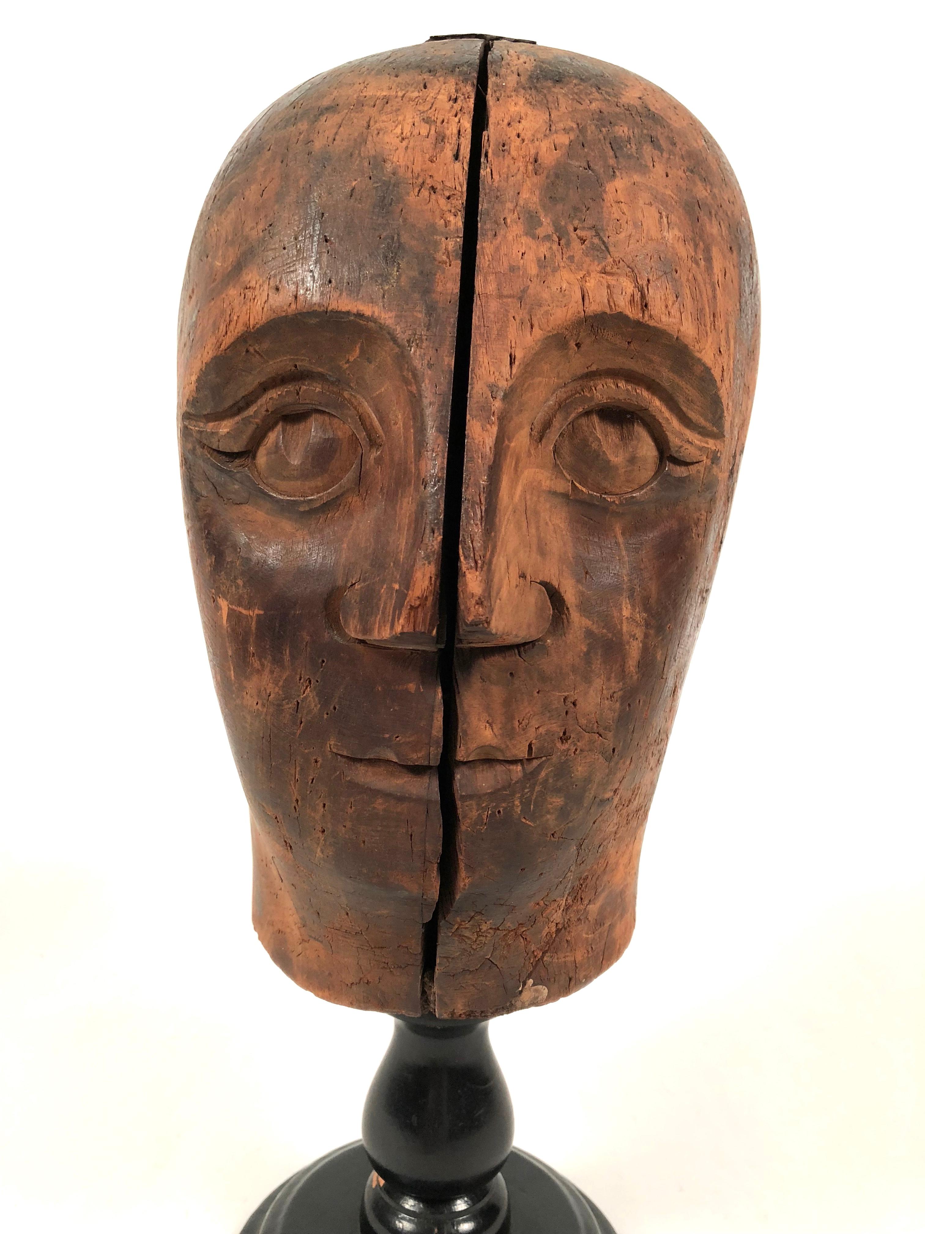 Folk Art 19th Century Carved Head of a Man, Hat Display Form