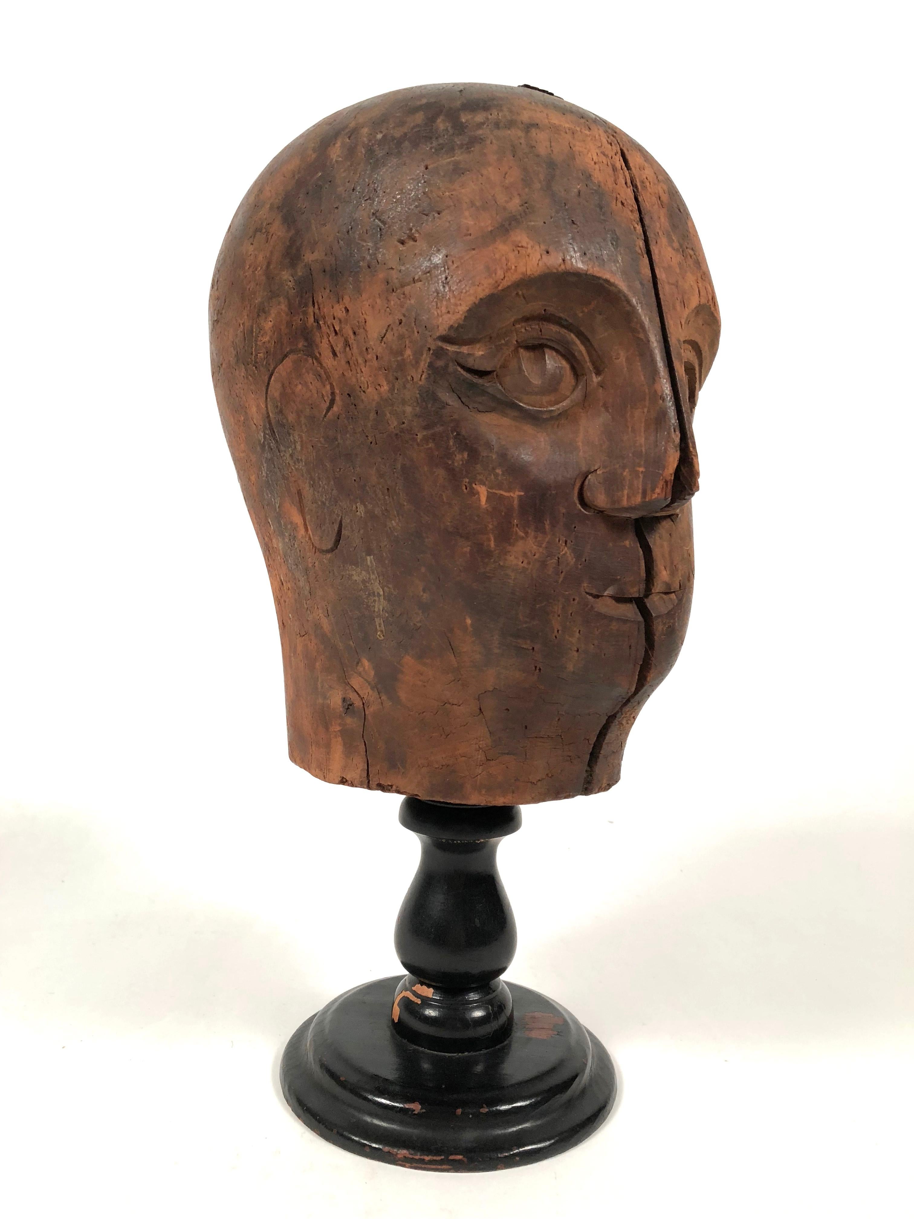 Turned 19th Century Carved Head of a Man, Hat Display Form