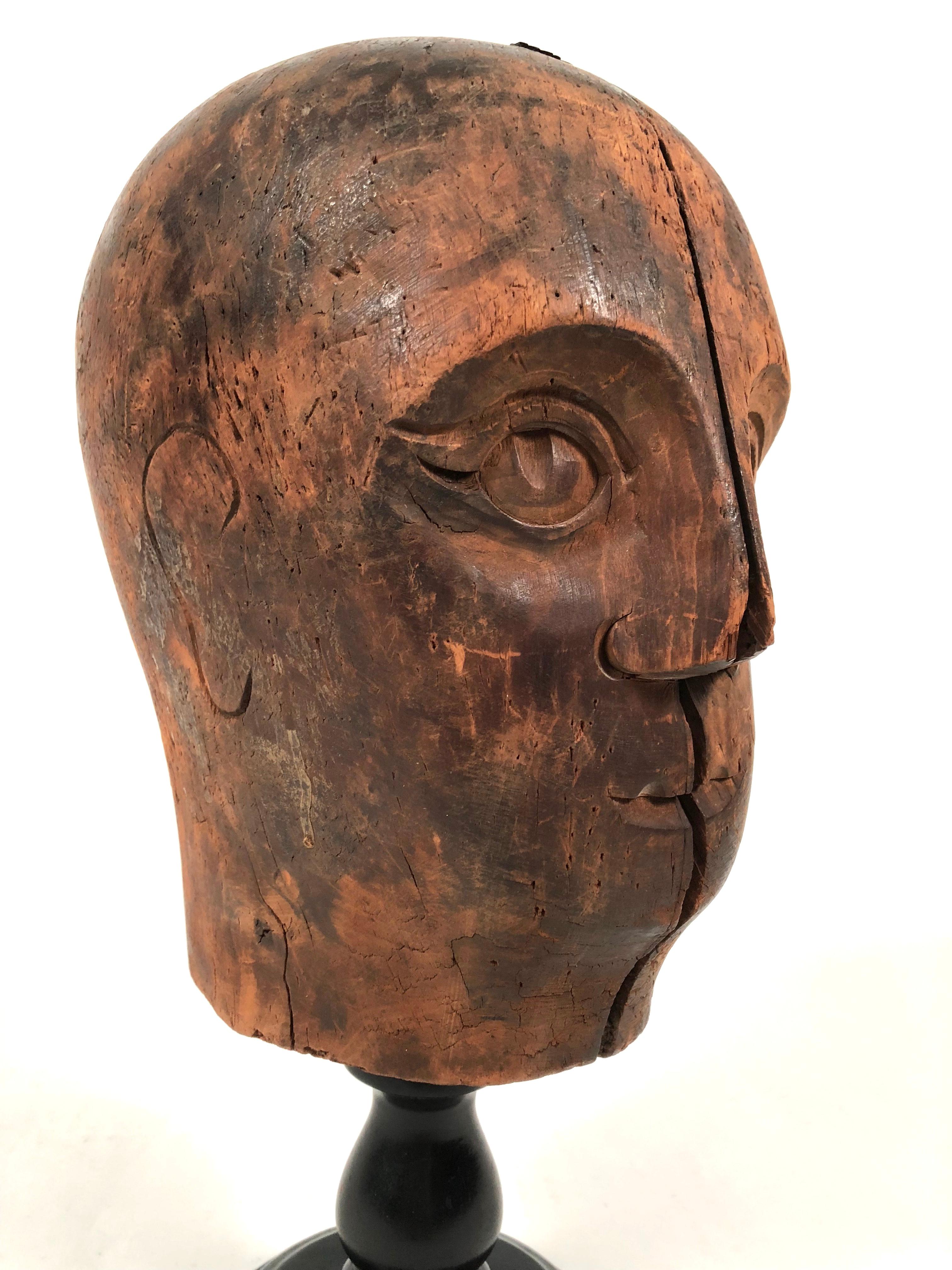 19th Century Carved Head of a Man, Hat Display Form In Good Condition In Essex, MA