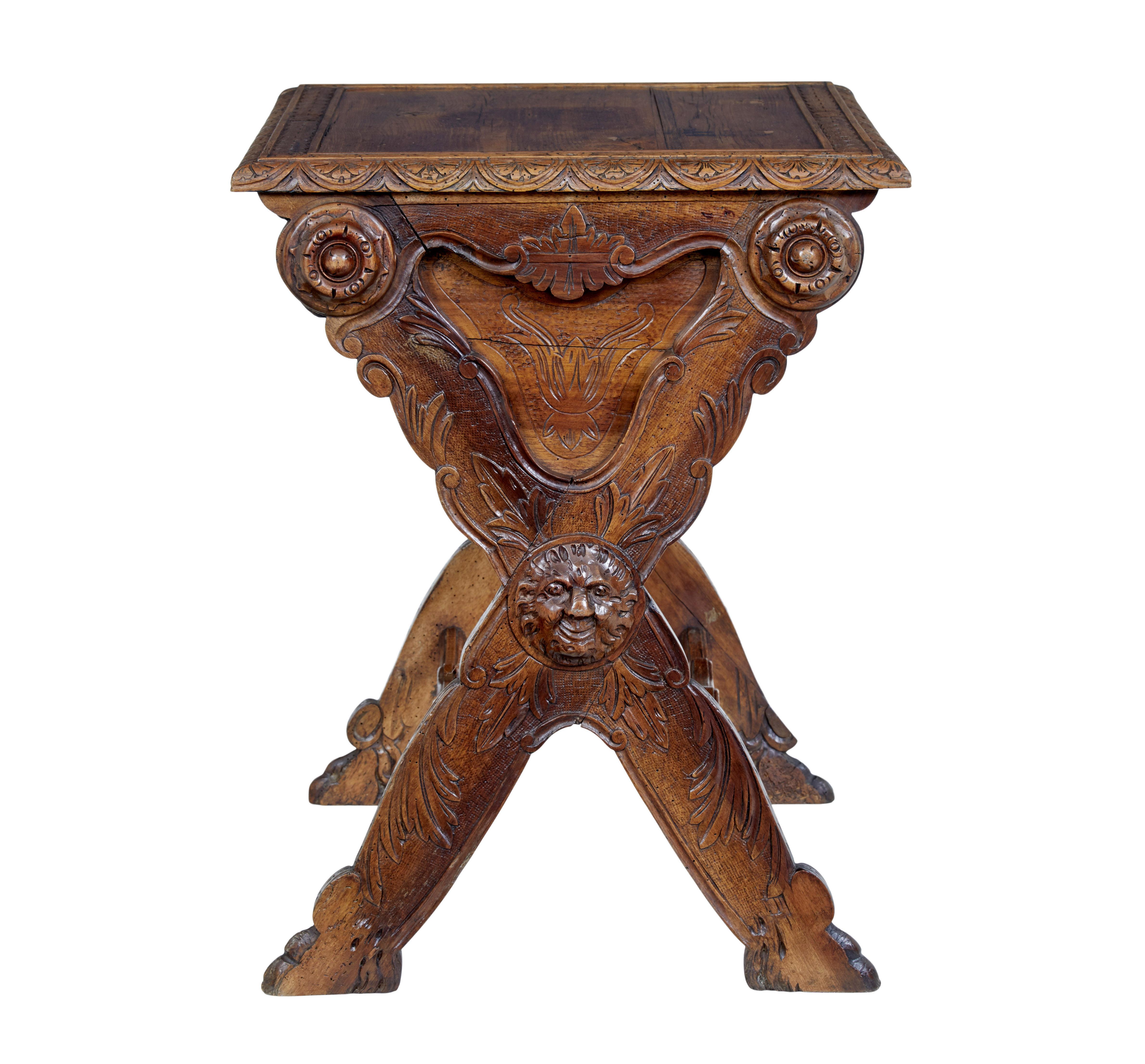 Rustic 19th century carved Iitalian walnut and pine occasional table For Sale