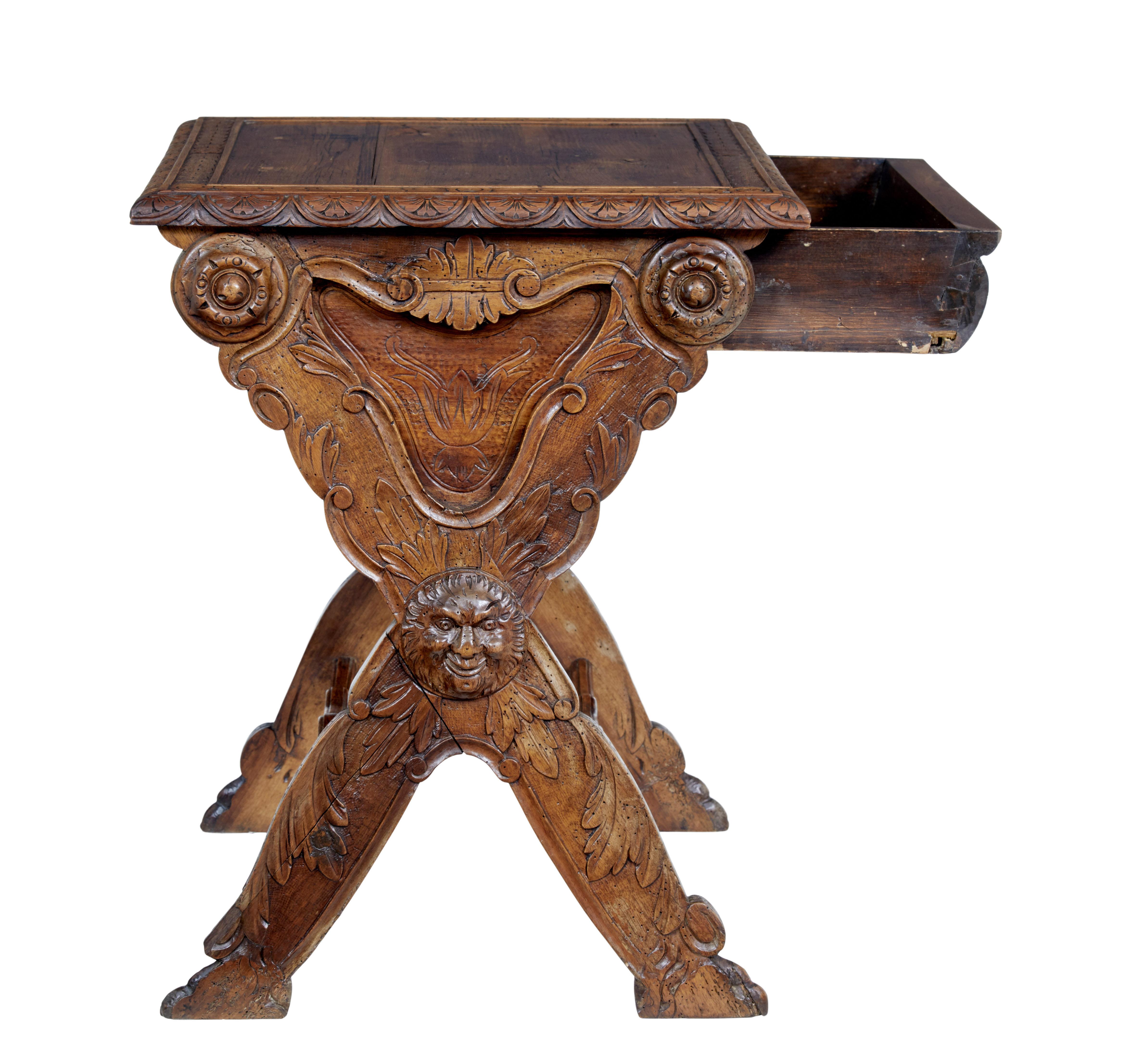 Hand-Carved 19th Century Carved Italian Walnut and Pine Occasional Table