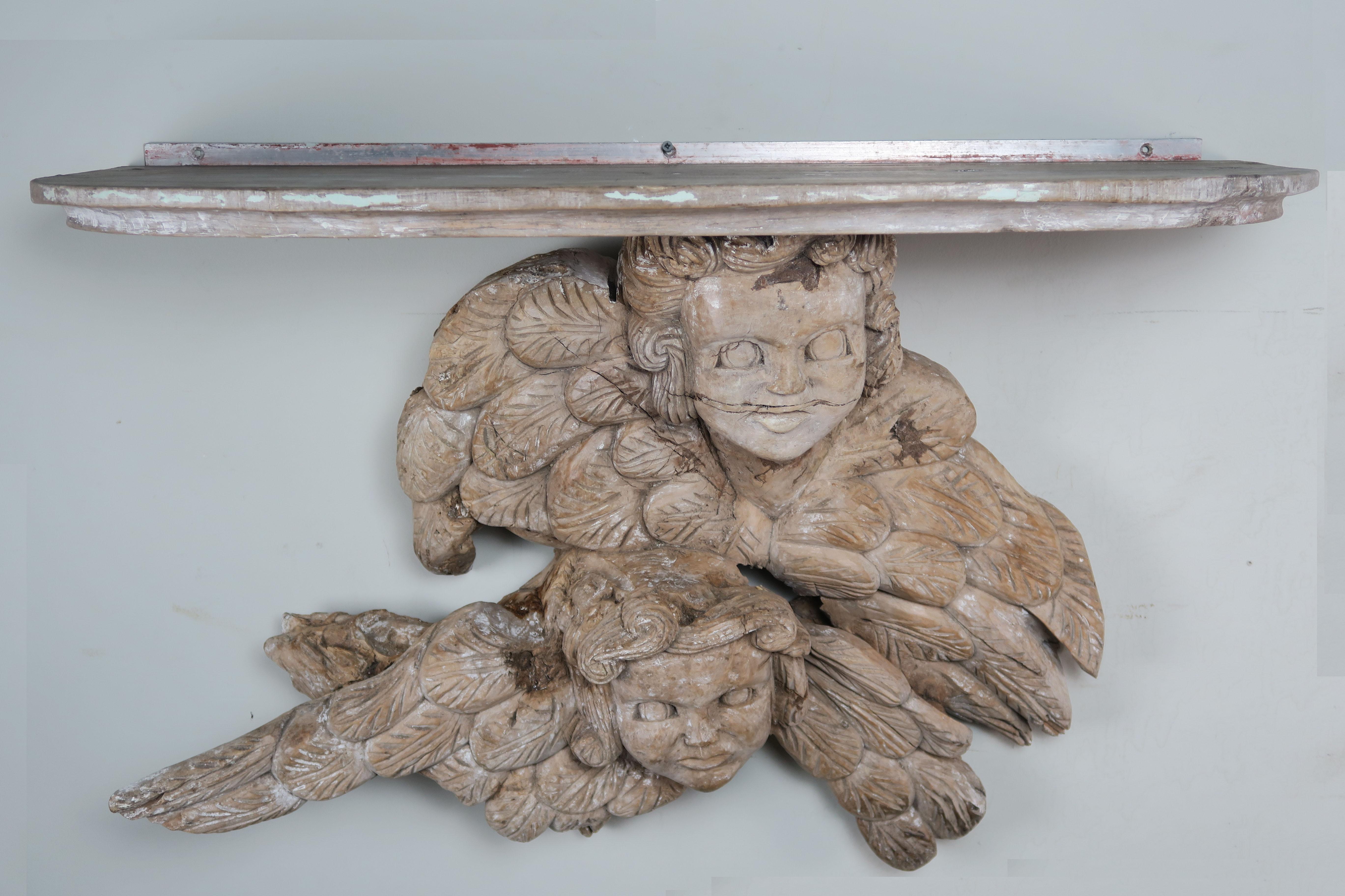 19th Century Carved Italian Winged Cherub Shelf In Distressed Condition For Sale In Los Angeles, CA