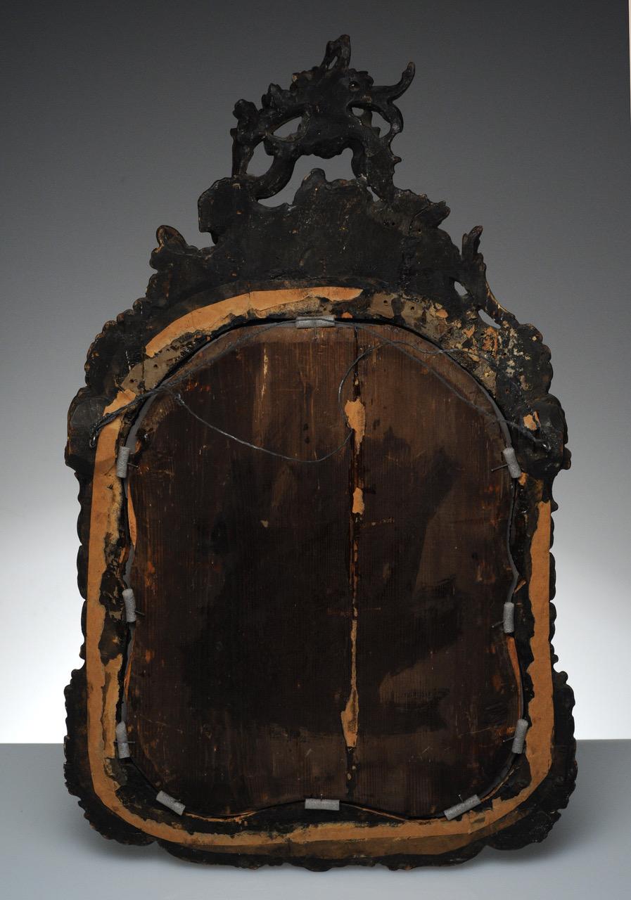 19th century Venetian mirror circa 1840. Carved wood and gesso, paint and gilt. 

This is a very fine handmade wooden mirror, in rococo style. The wooden frame is hand painted with country life drawings on green, with a golden edge. 

A very