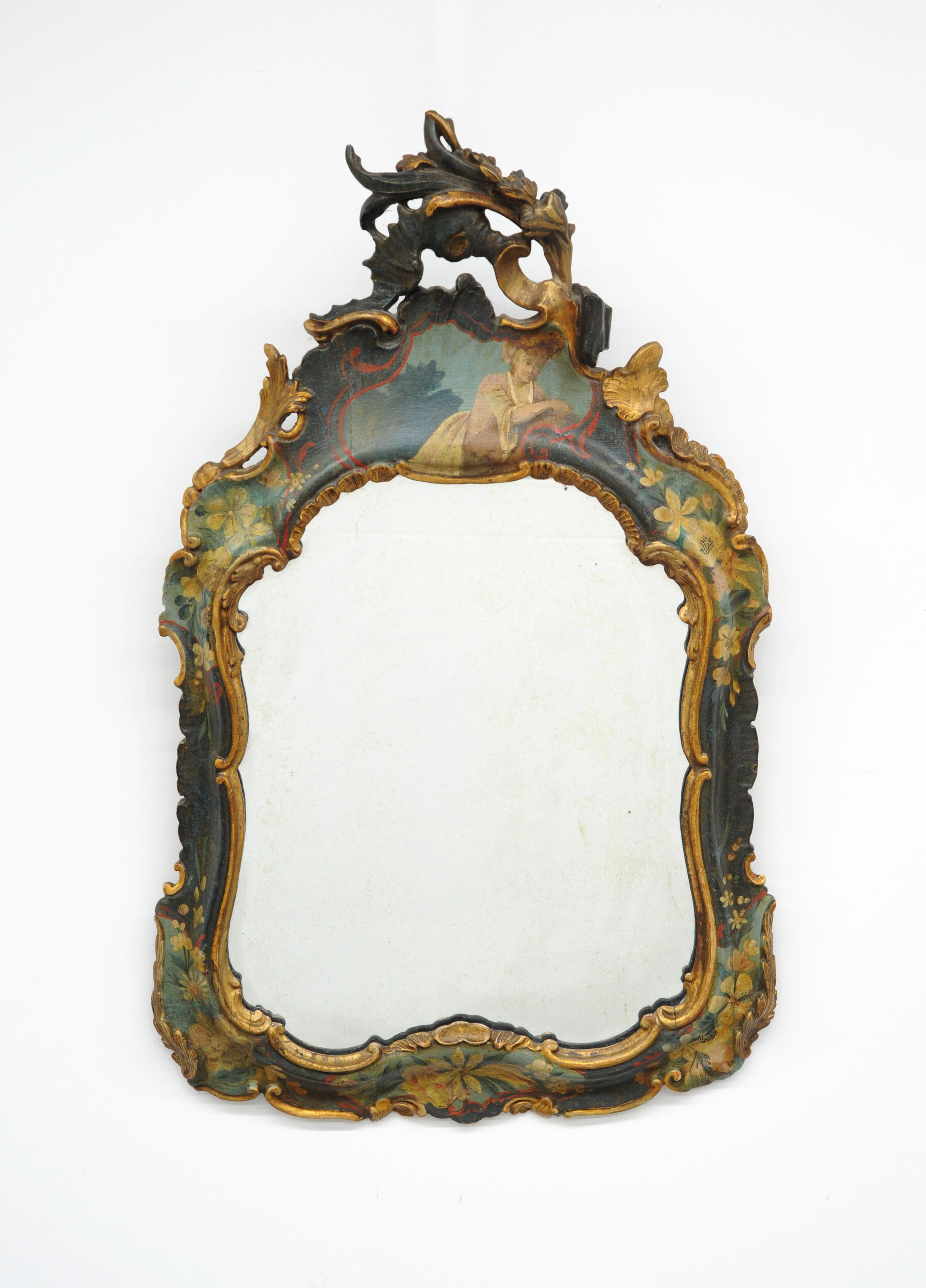 Rococo 19th Century Carved Lacquered Partially Gilded Venice Wall Mirror