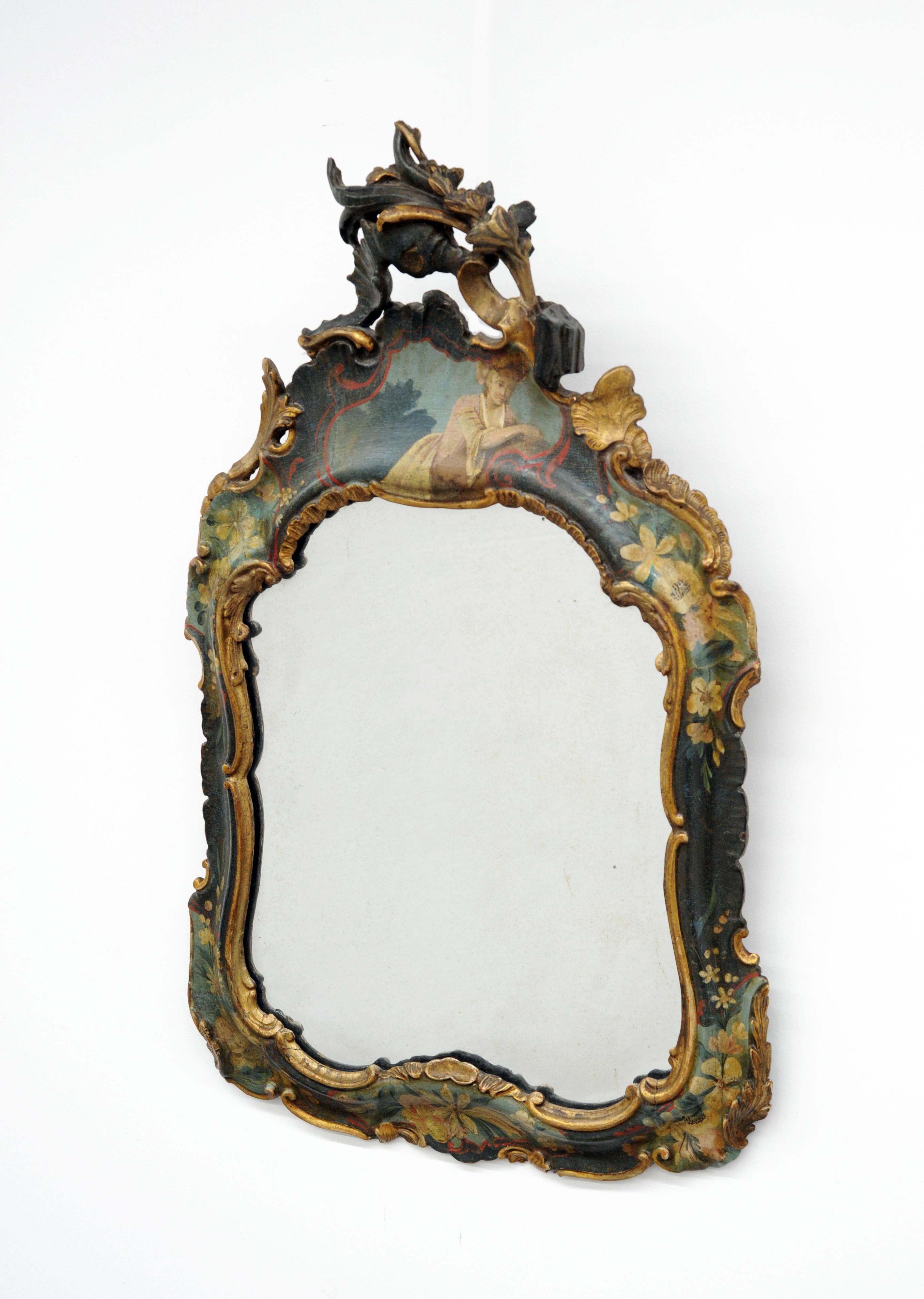 Italian 19th Century Carved Lacquered Partially Gilded Venice Wall Mirror