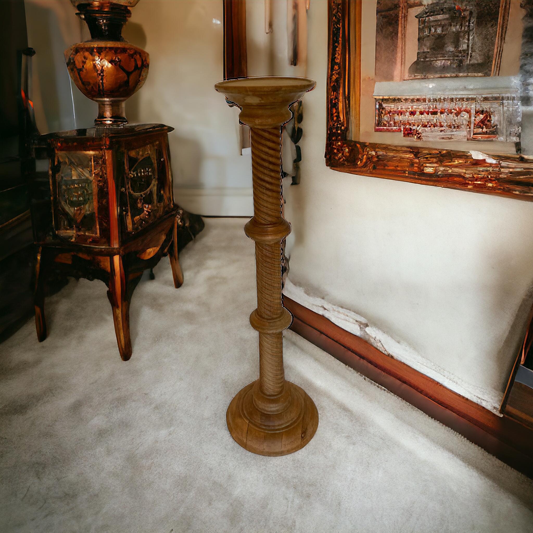 19th Century Carved Light Oak Pedestal Torchere with a captivating barley twist  5
