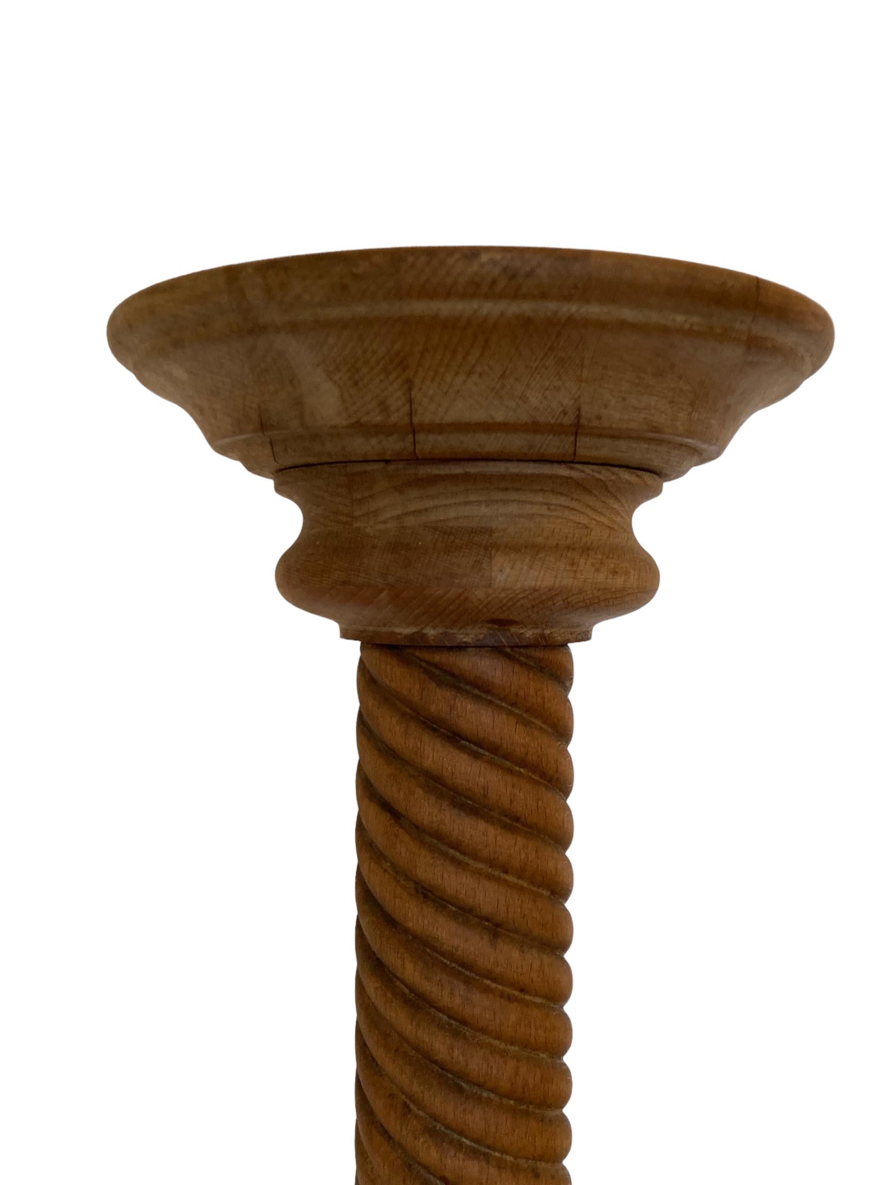 19th Century Carved Light Oak Pedestal Torchere with a captivating barley twist  3