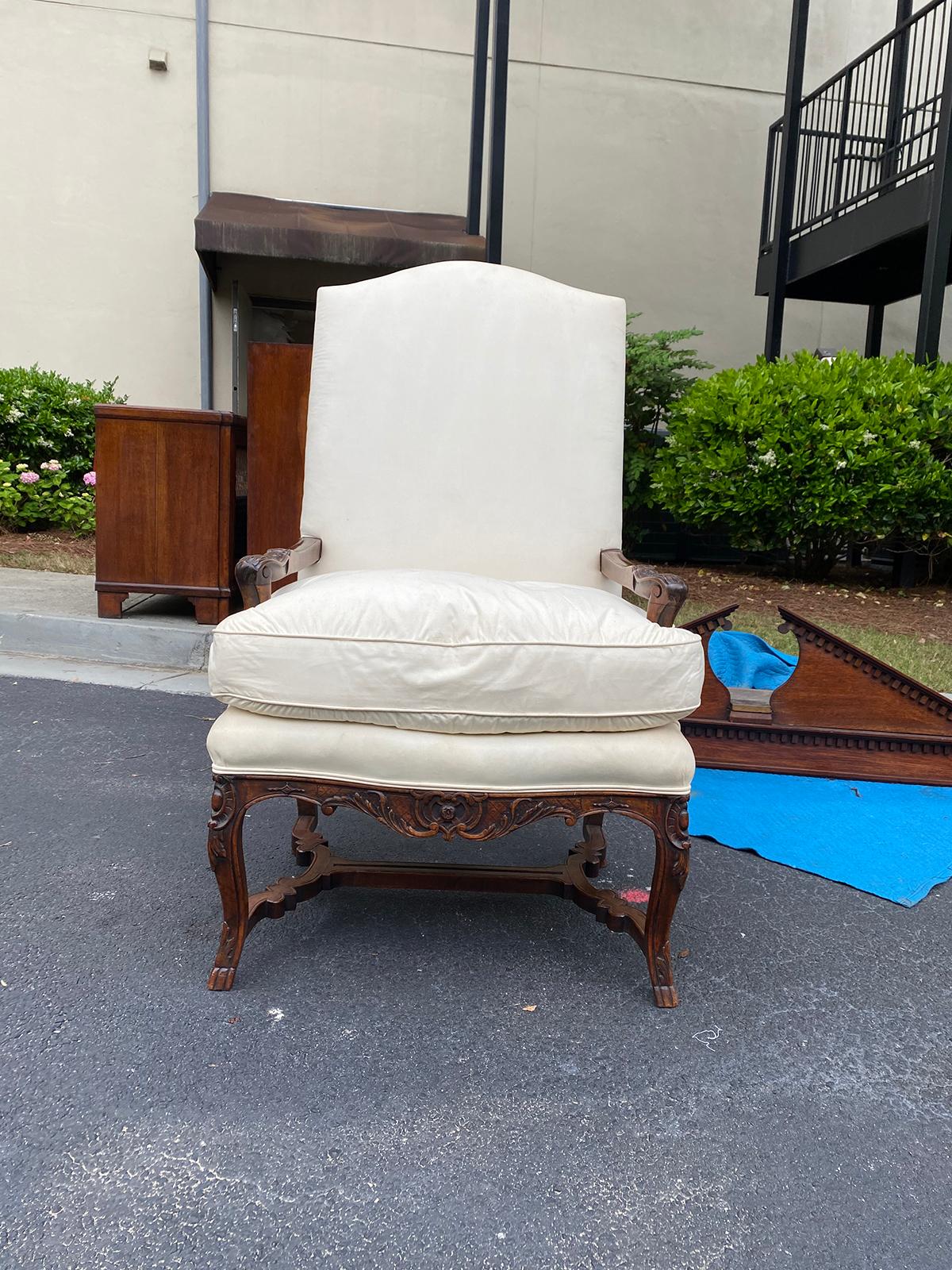 19th Century Carved Louis XV Style Armchair with Stretcher In Good Condition In Atlanta, GA
