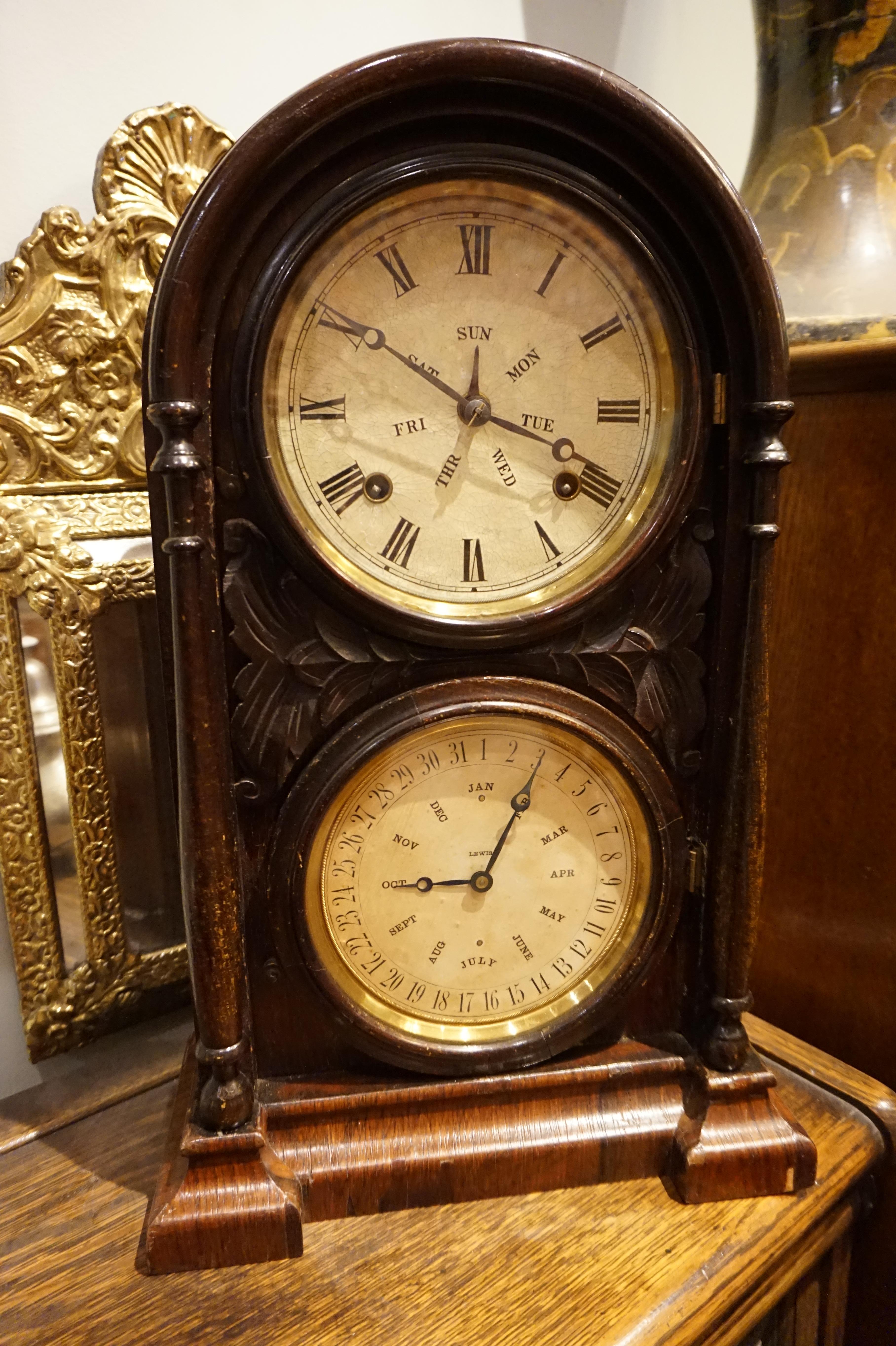 Hand carved case and original dial patination on this charming 8 day clock manufactured in Bristol Connecticut. Keeps good time and strikes hourly. Instructions posted at rear as shown. Oozing with character and old world charm.