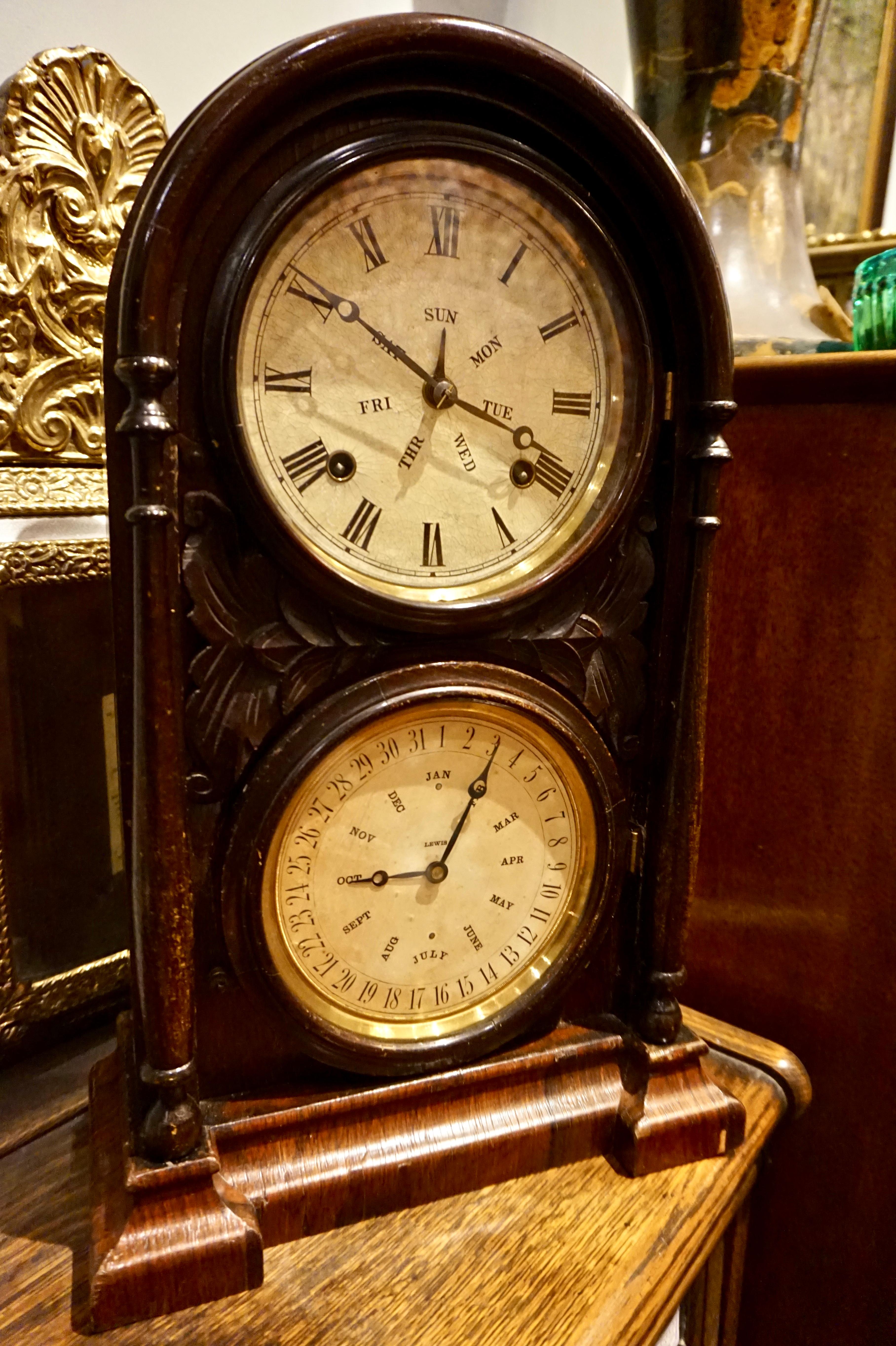 American Colonial 19th Century Carved Mahogany 8 Day Calendar Perpetual Mantel Clock Connecticut For Sale