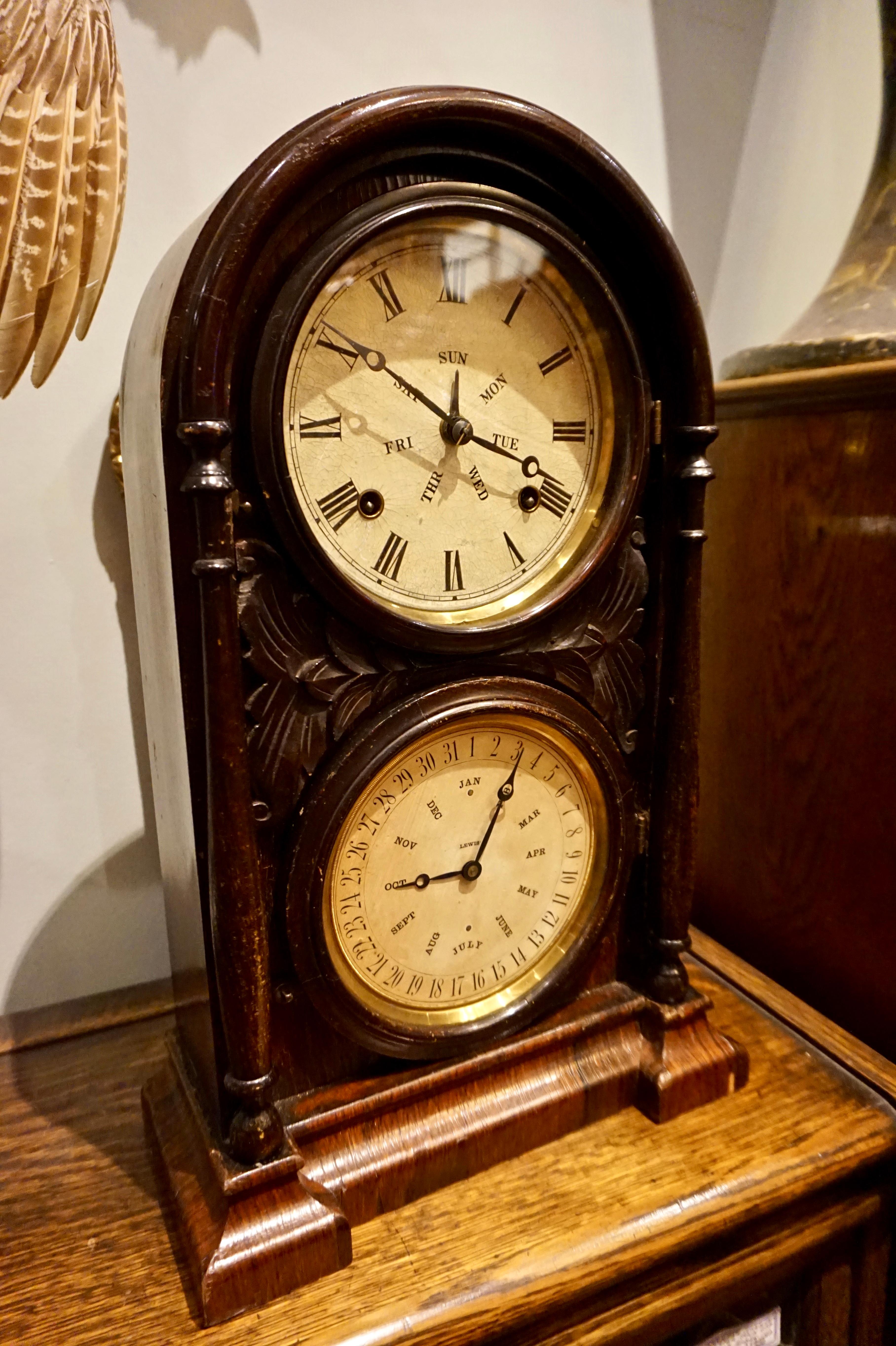19th Century Carved Mahogany 8 Day Calendar Perpetual Mantel Clock Connecticut In Good Condition For Sale In Vancouver, British Columbia