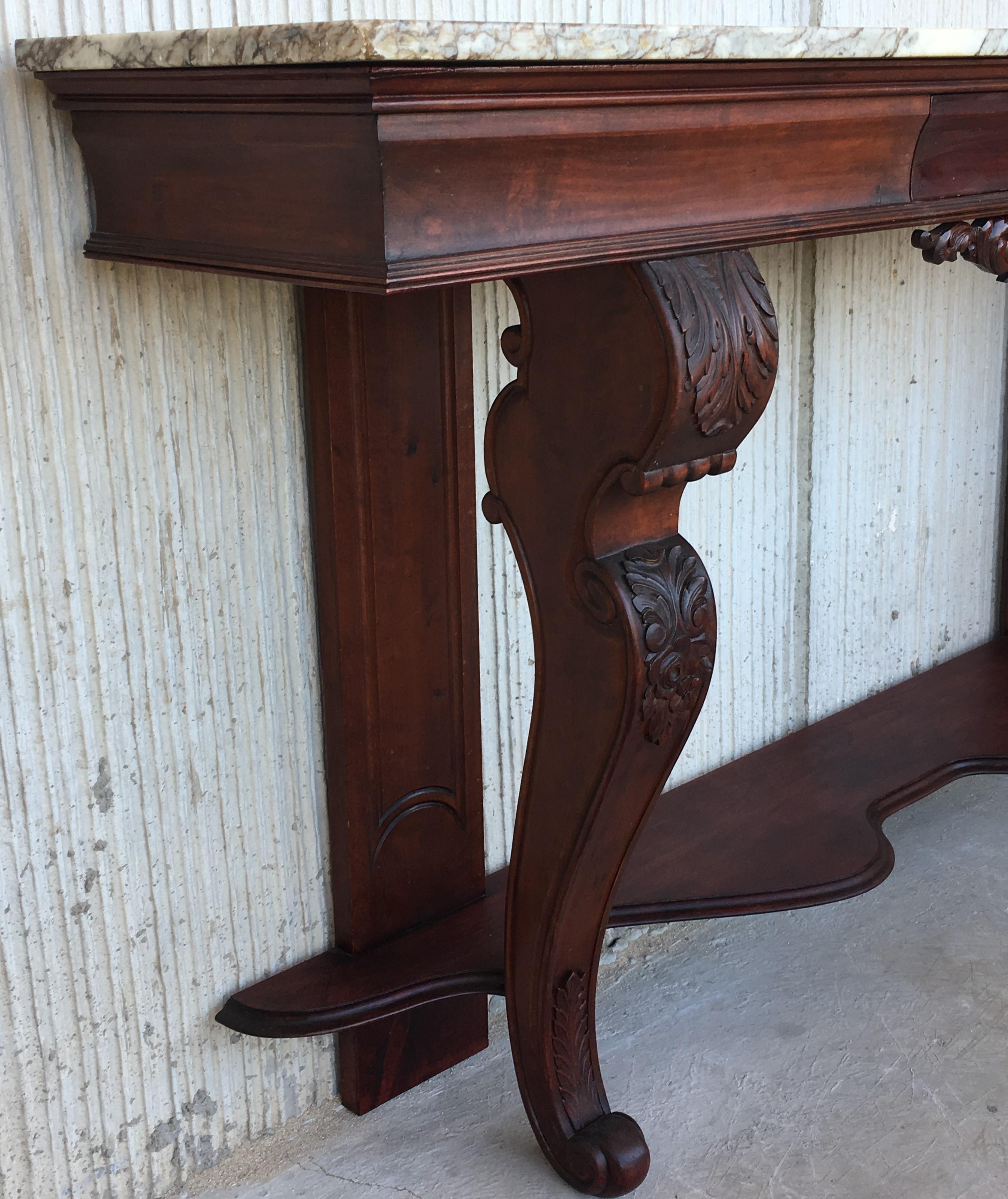 19th Century Carved Mahogany Console with Marble Top and Central Drawer 5