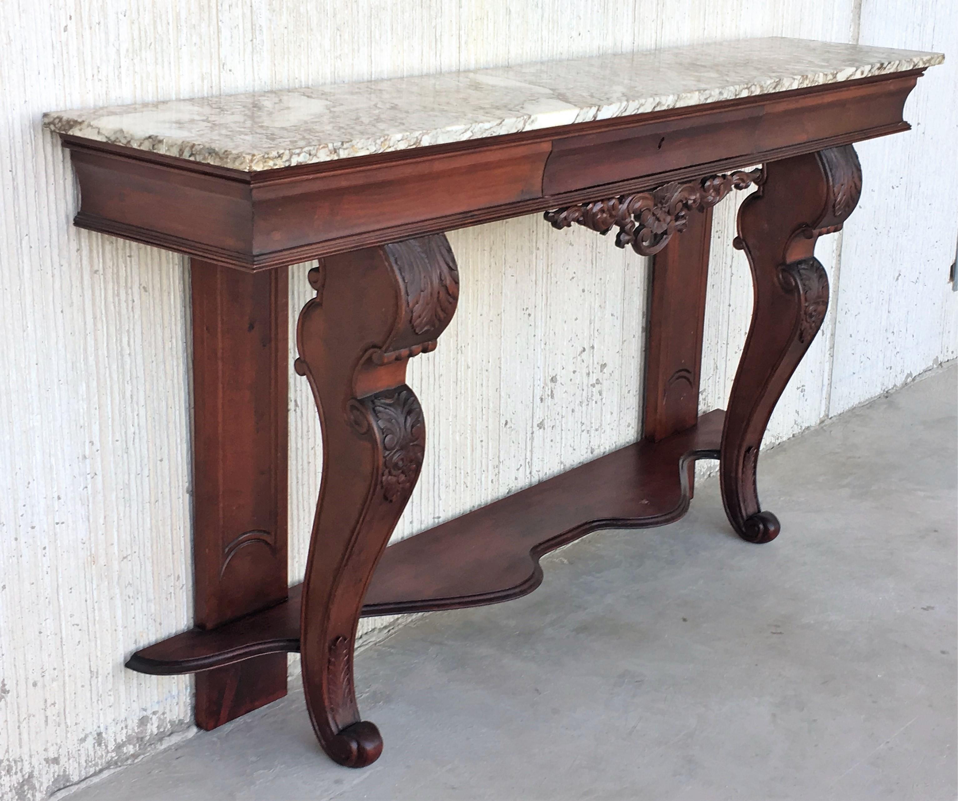 Baroque Revival 19th Century Carved Mahogany Console with Marble Top and Central Drawer