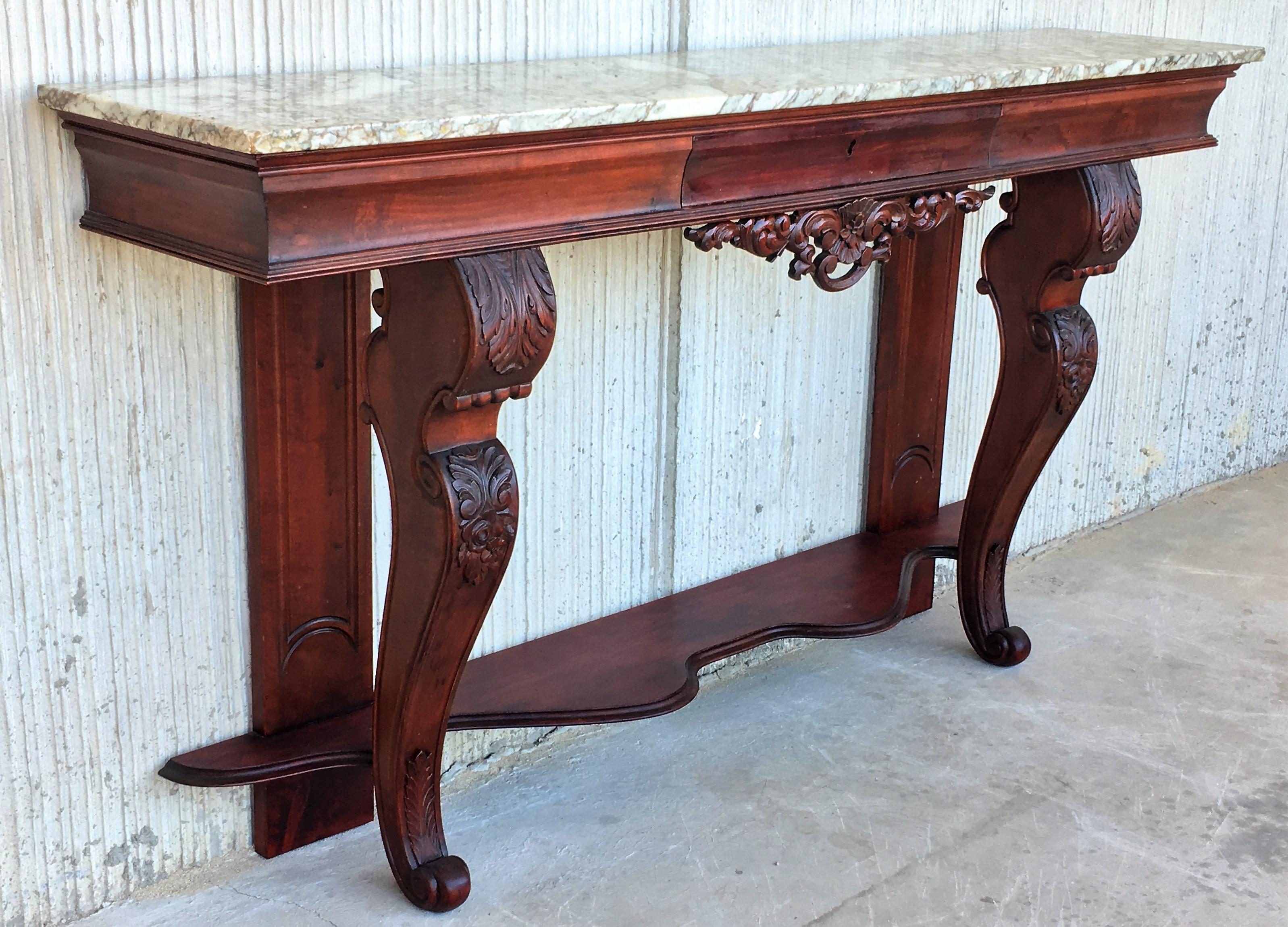 French 19th Century Carved Mahogany Console with Marble Top and Central Drawer