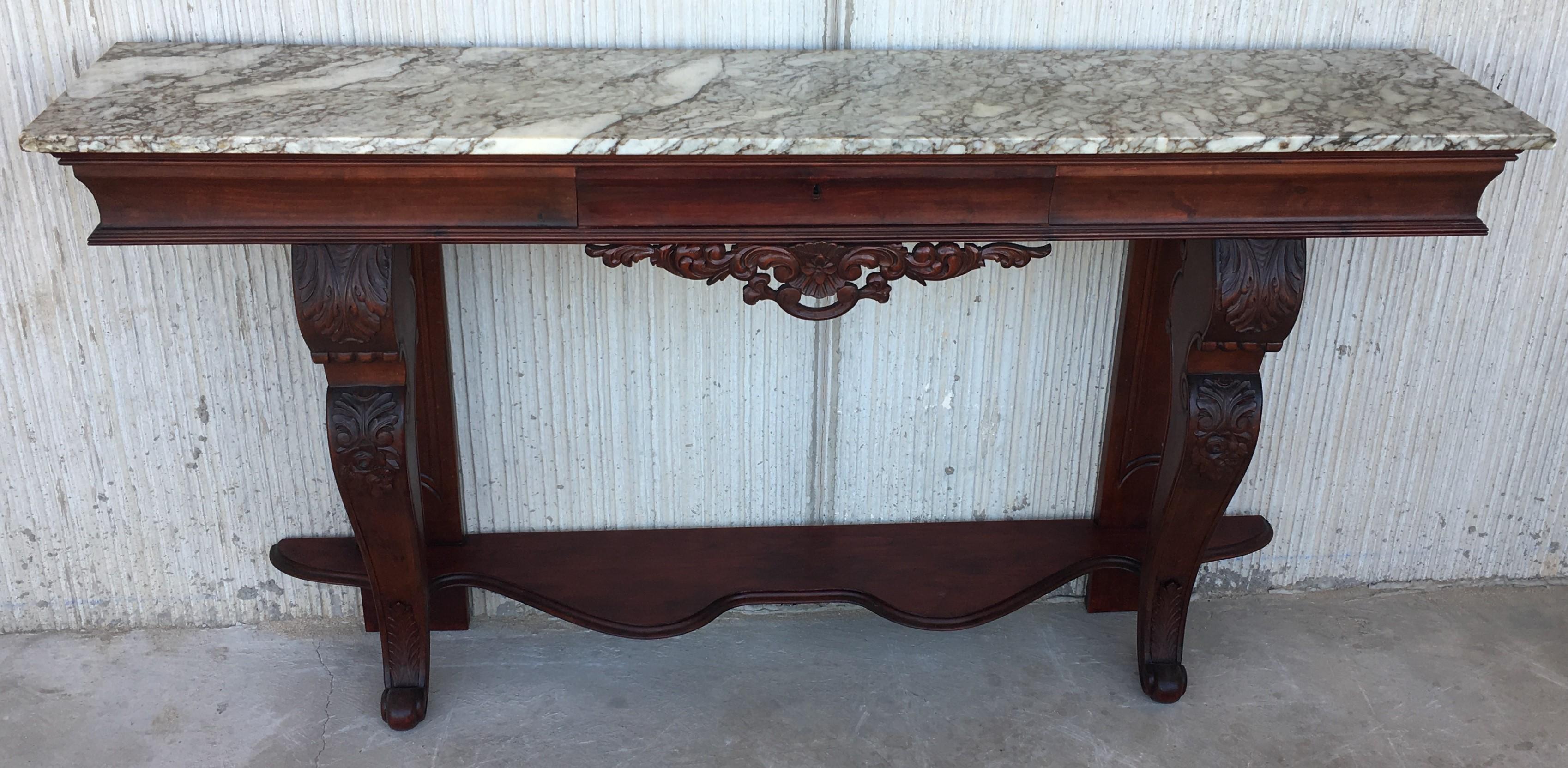 Hand-Carved 19th Century Carved Mahogany Console with Marble Top and Central Drawer