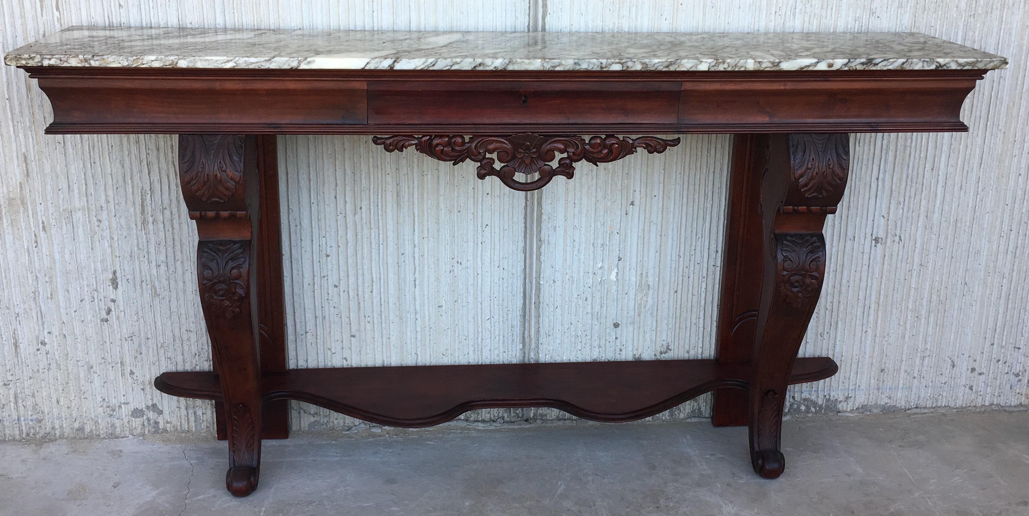 19th Century Carved Mahogany Console with Marble Top and Central Drawer In Good Condition In Miami, FL