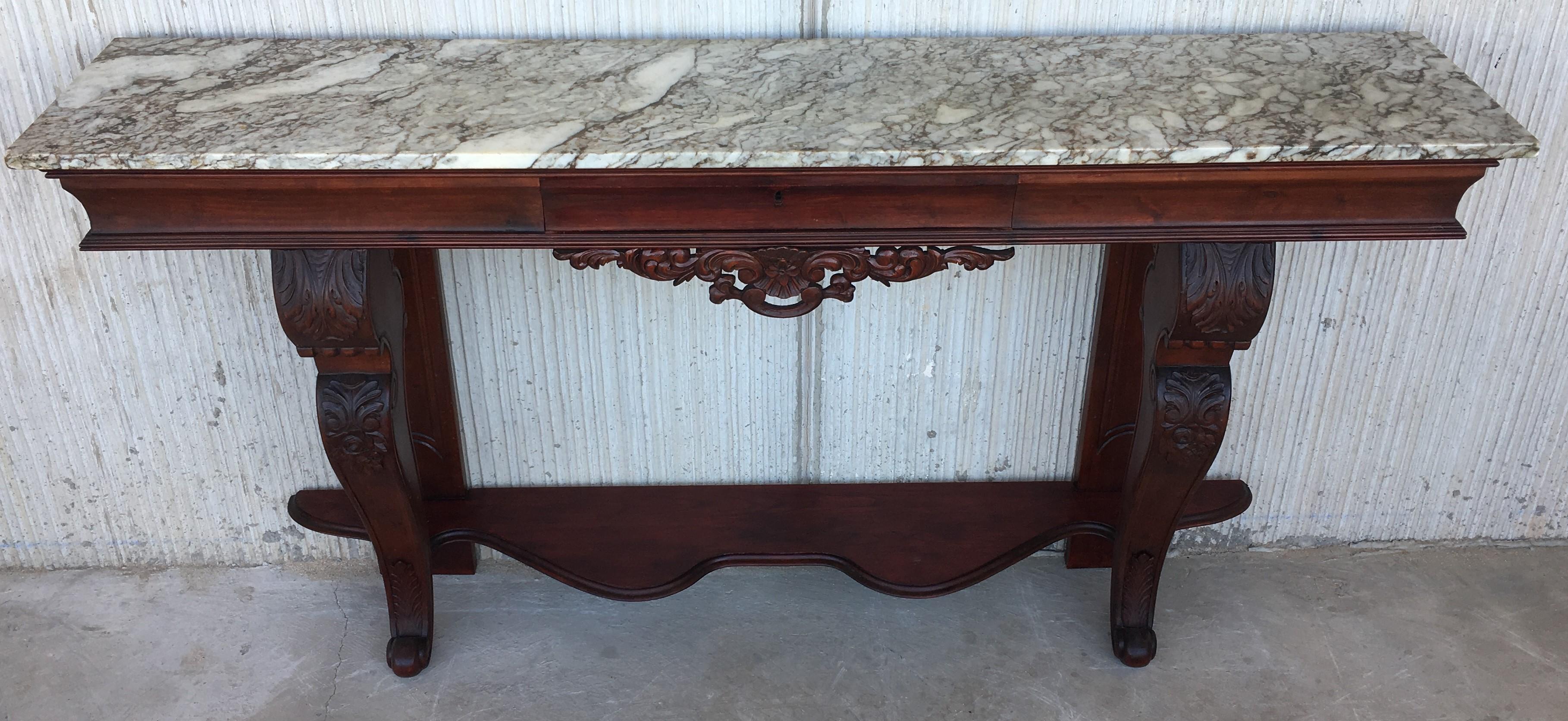 19th Century Carved Mahogany Console with Marble Top and Central Drawer 1