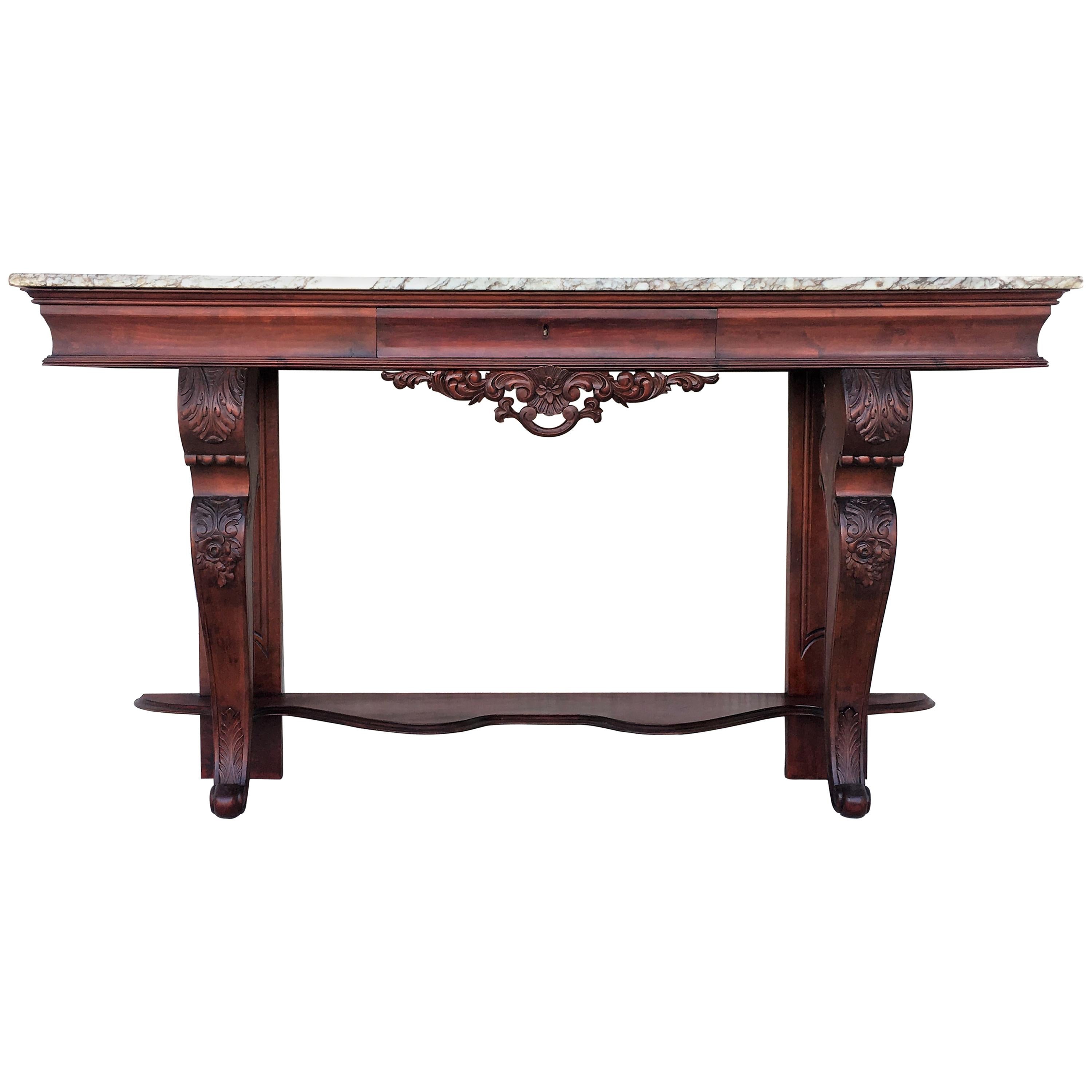 19th Century Carved Mahogany Console with Marble Top and Central Drawer