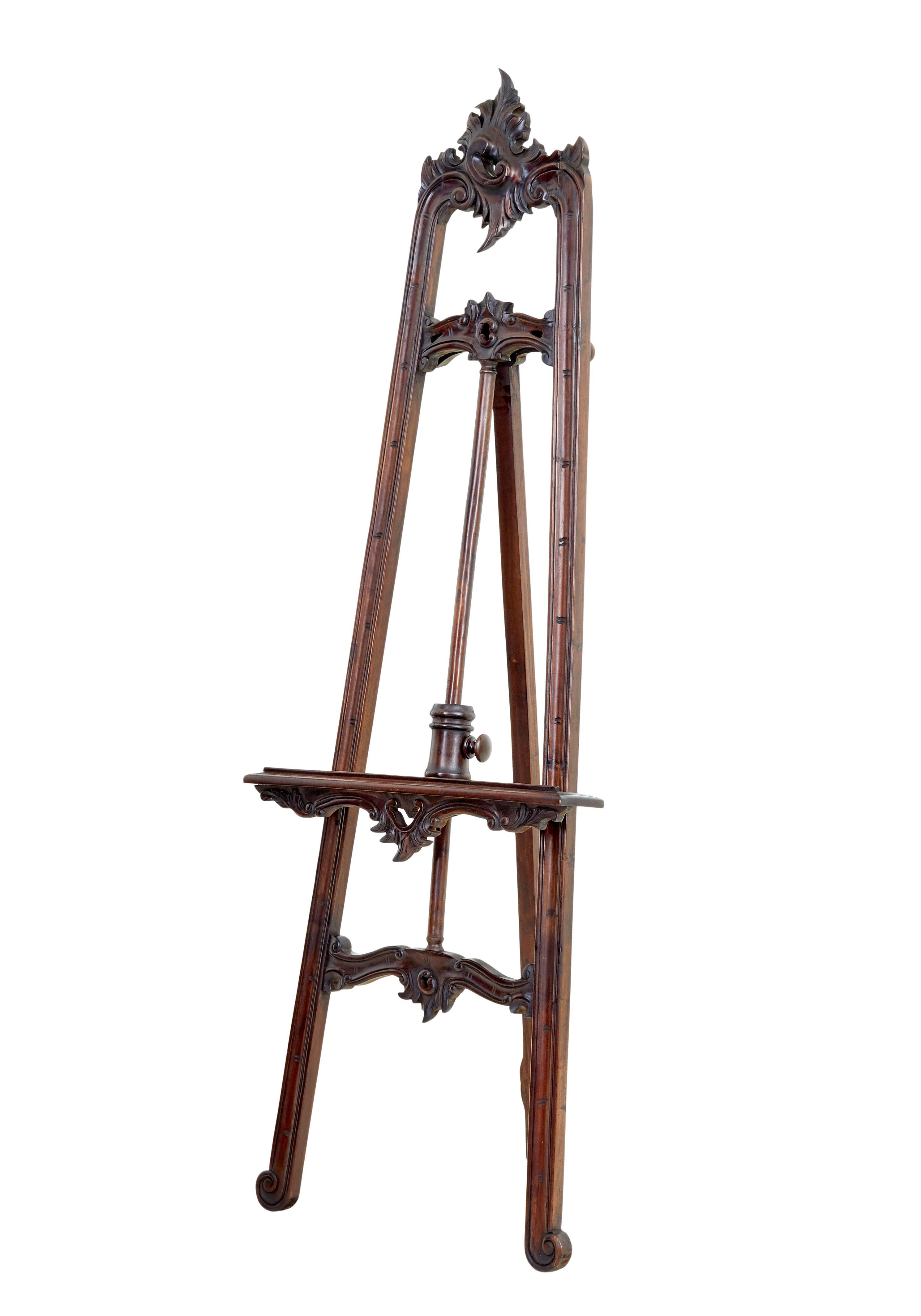 19th century carved mahogany easel circa 1890.

Good quality piece of interior decoration, we used this piece to display art work in our showroom.

Hand carved with swags, scrolls and acanthus leaves.  Adjustable bottom rail allowing the frame to