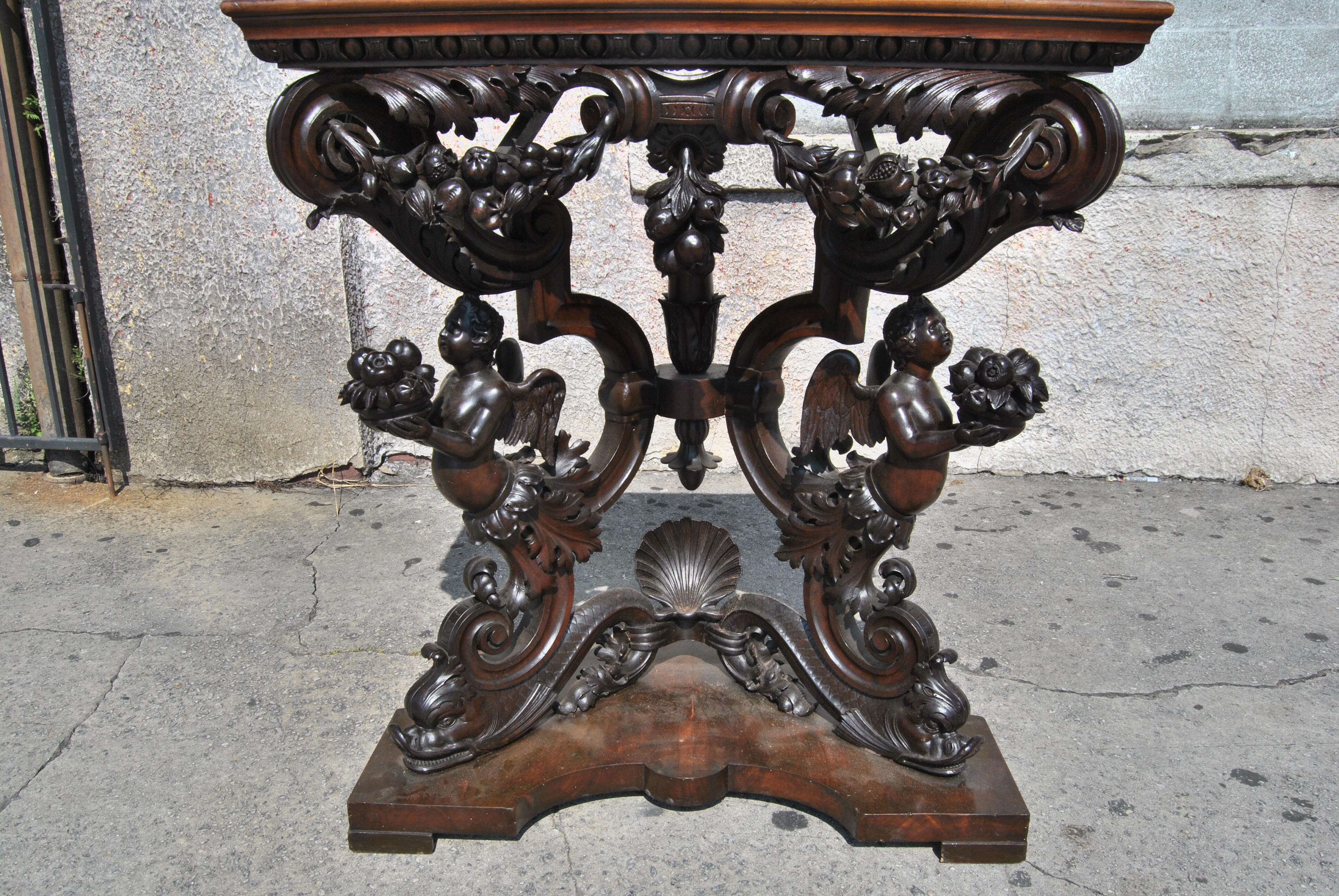 English 19th Century Carved Mahogany Marble-Top Hall Table