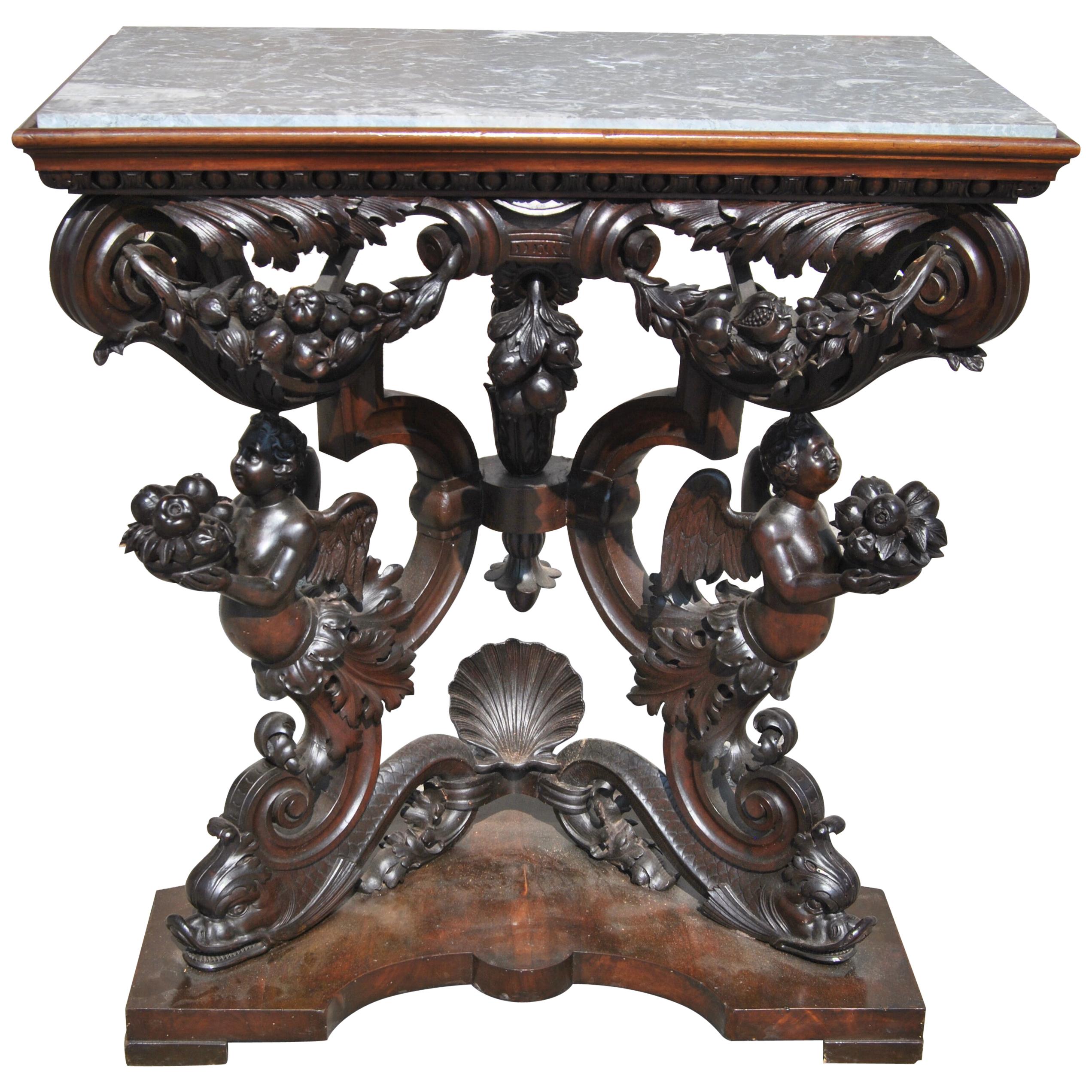 19th Century Carved Mahogany Marble-Top Hall Table