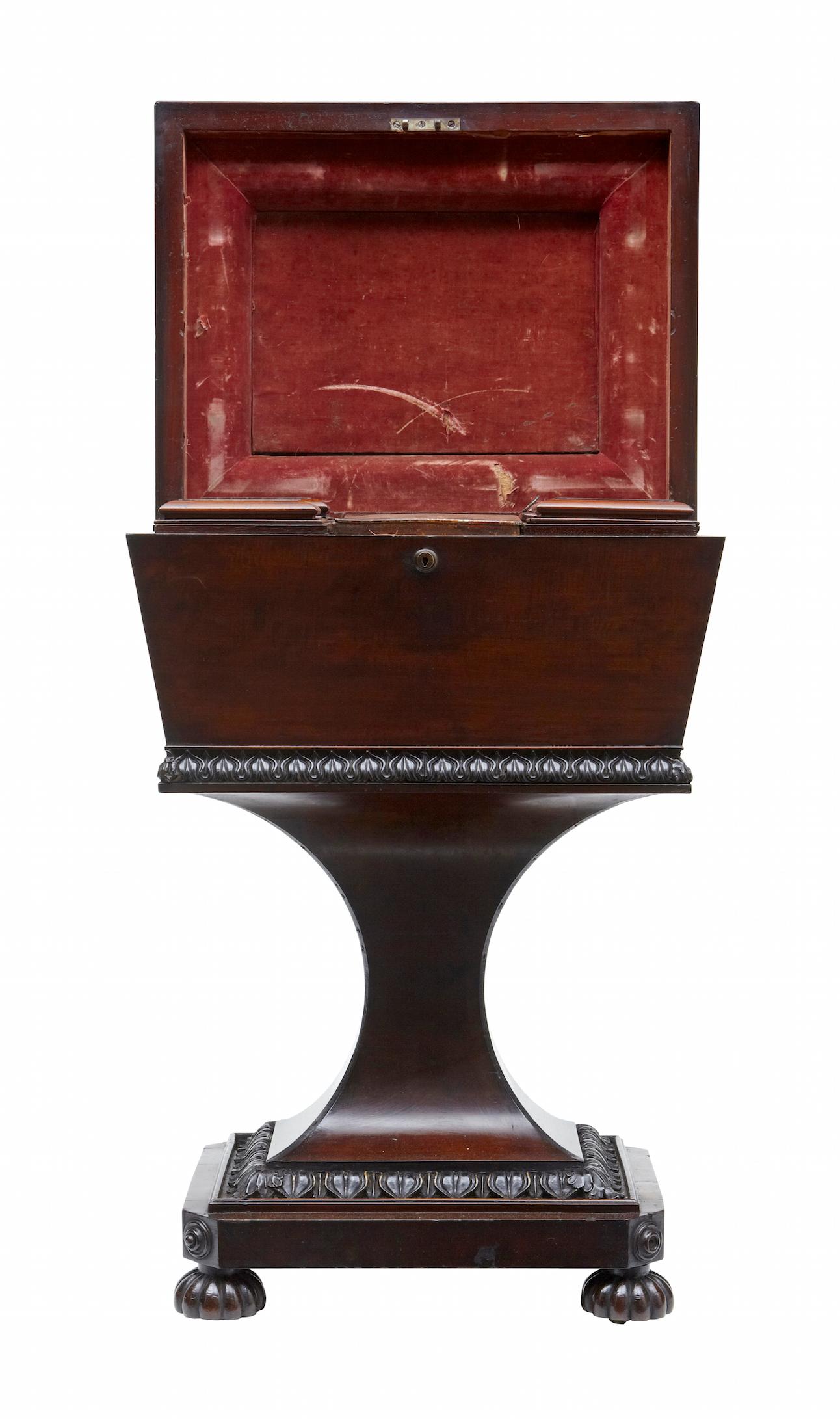 Superb quality Gillows Regency mahogany teapoy circa 1820. 

The main body being of sarcophagus form, which opens to 4 mahogany slides on each corner, 1 large tole compartment flanked either side by a smaller caddy. Original velvet lining to the
