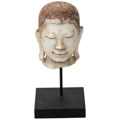 19th Century Carved Marble Buddha Head Statue on Stand