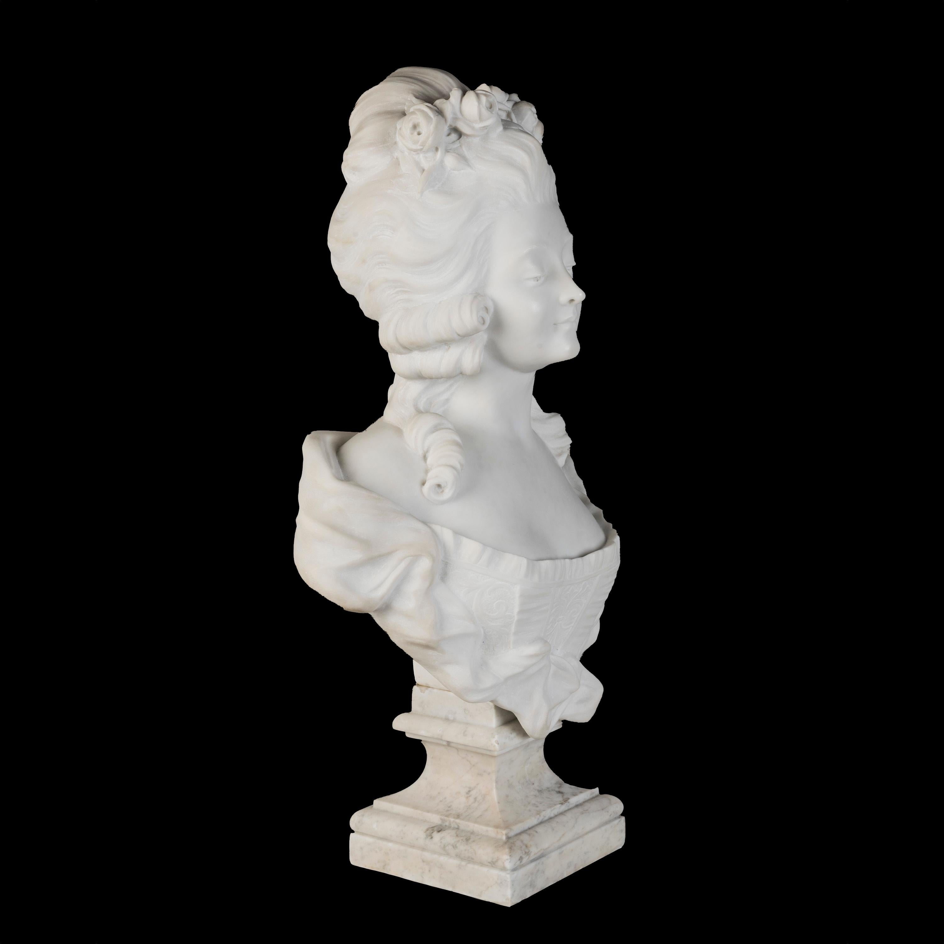 Bust of the Princess of Lamballe
Marie Antoinette's Closest Confidante

Carved from statuary marble and resting on a waisted rectangular Carrara socle, the portrait bust of Princess Marie-Louise Thérèse of Savoy-Carignan, later known as Princesse