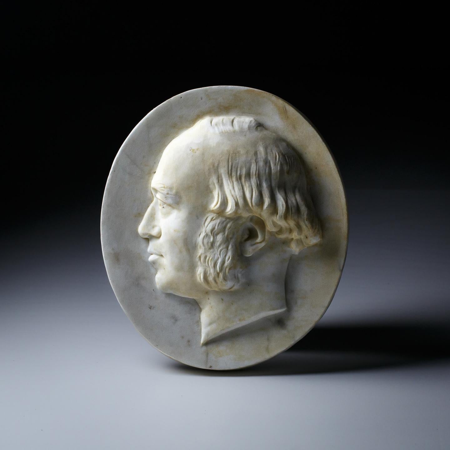 English 19th Century, Carved Marble Relief Portrait Plaque For Sale