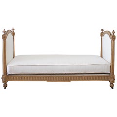 19th Century Carved Natural Walnut Daybed with White Upholstery