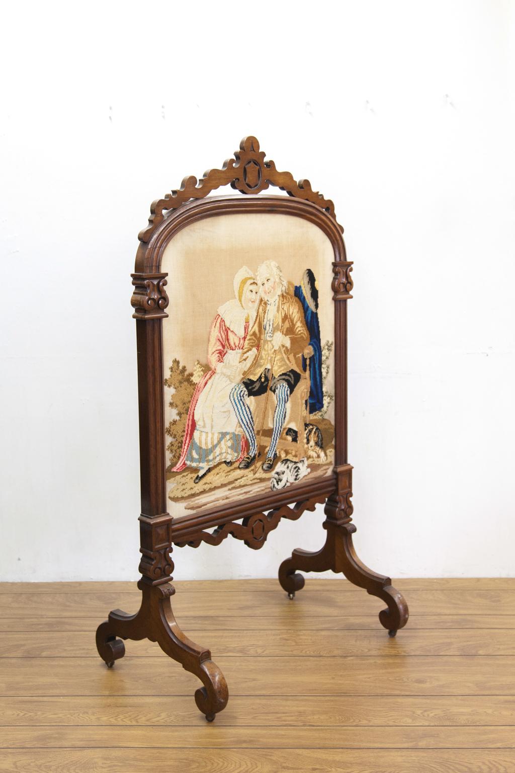 19th Century Carved Needlework Fire Screen In Good Condition For Sale In Wilson, NC