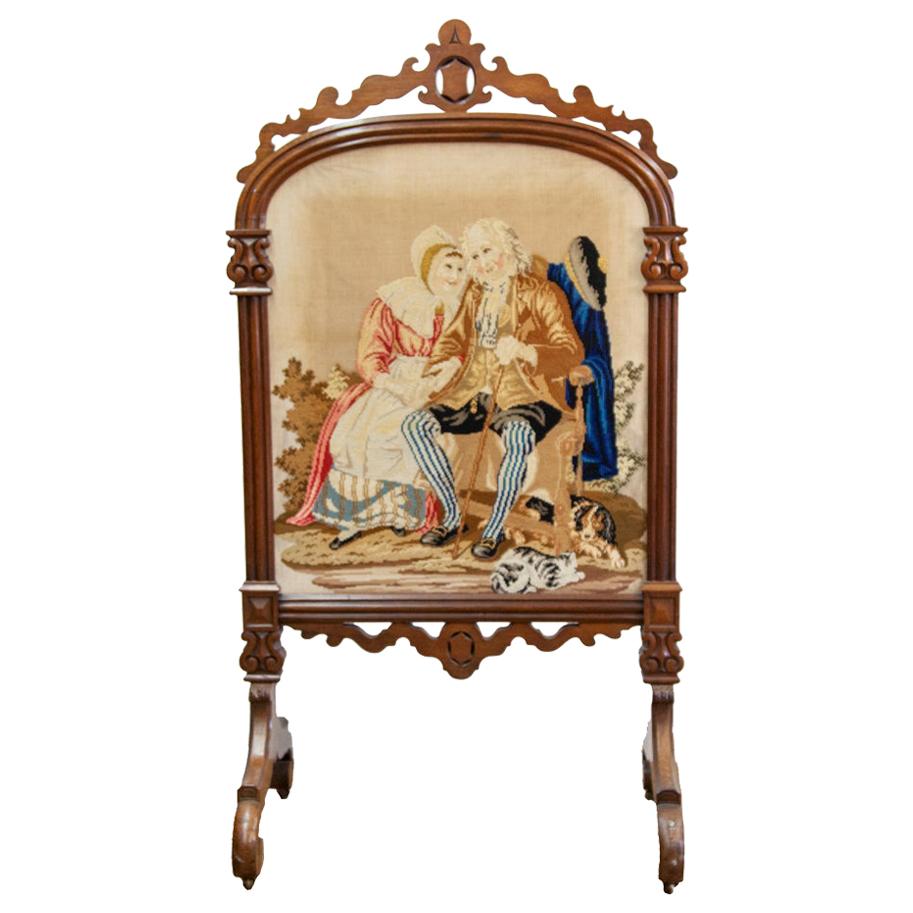 19th Century Carved Needlework Fire Screen