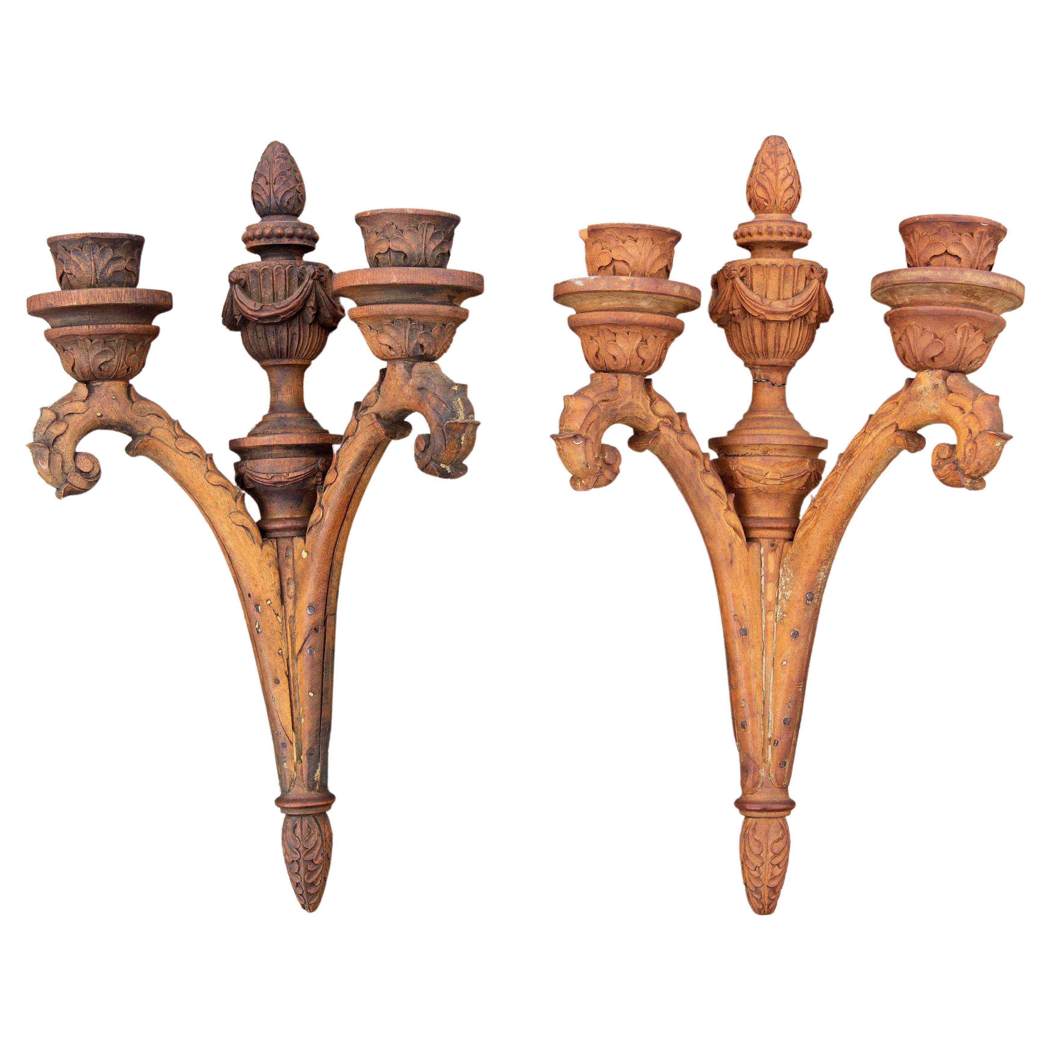 19th Century Carved Neoclassical Carved Wood Sconces, a Pair