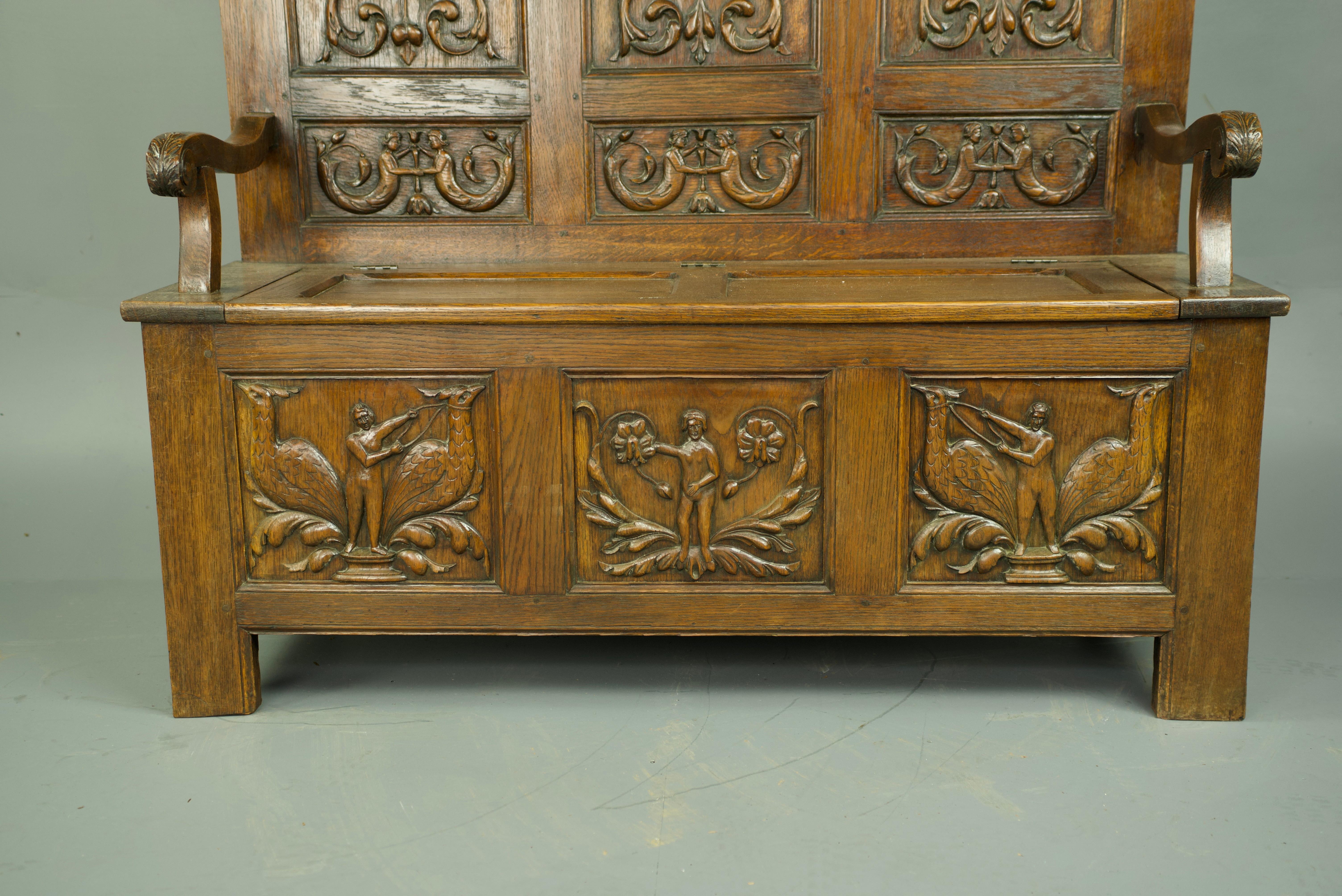 Tudor 19th century carved oak bench