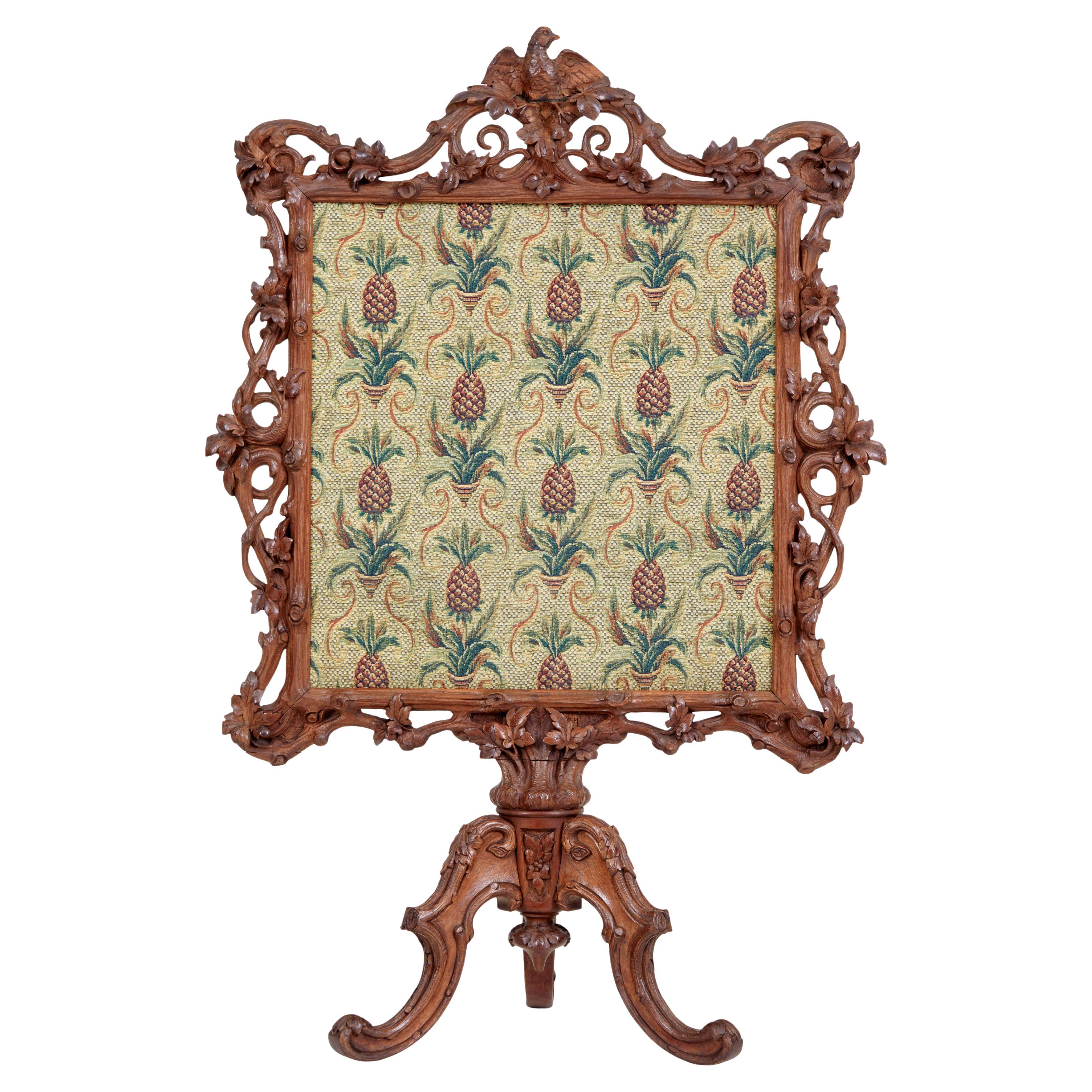 19th Century carved oak black forest fire screen