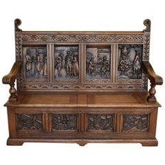 Antique 19th Century Carved Oak Box Settle