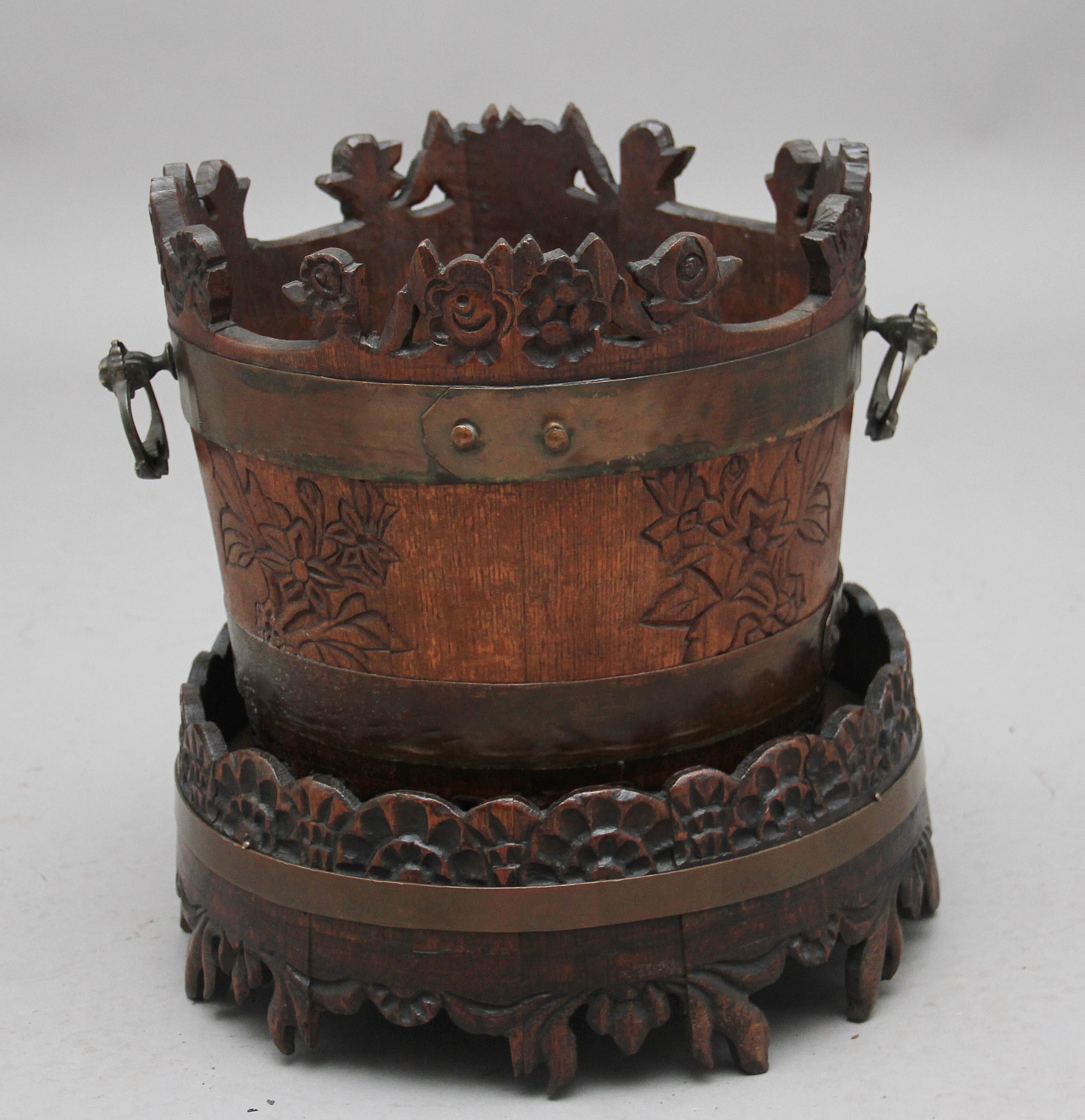Norwegian 19th Century Carved Oak Bucket and Stand For Sale