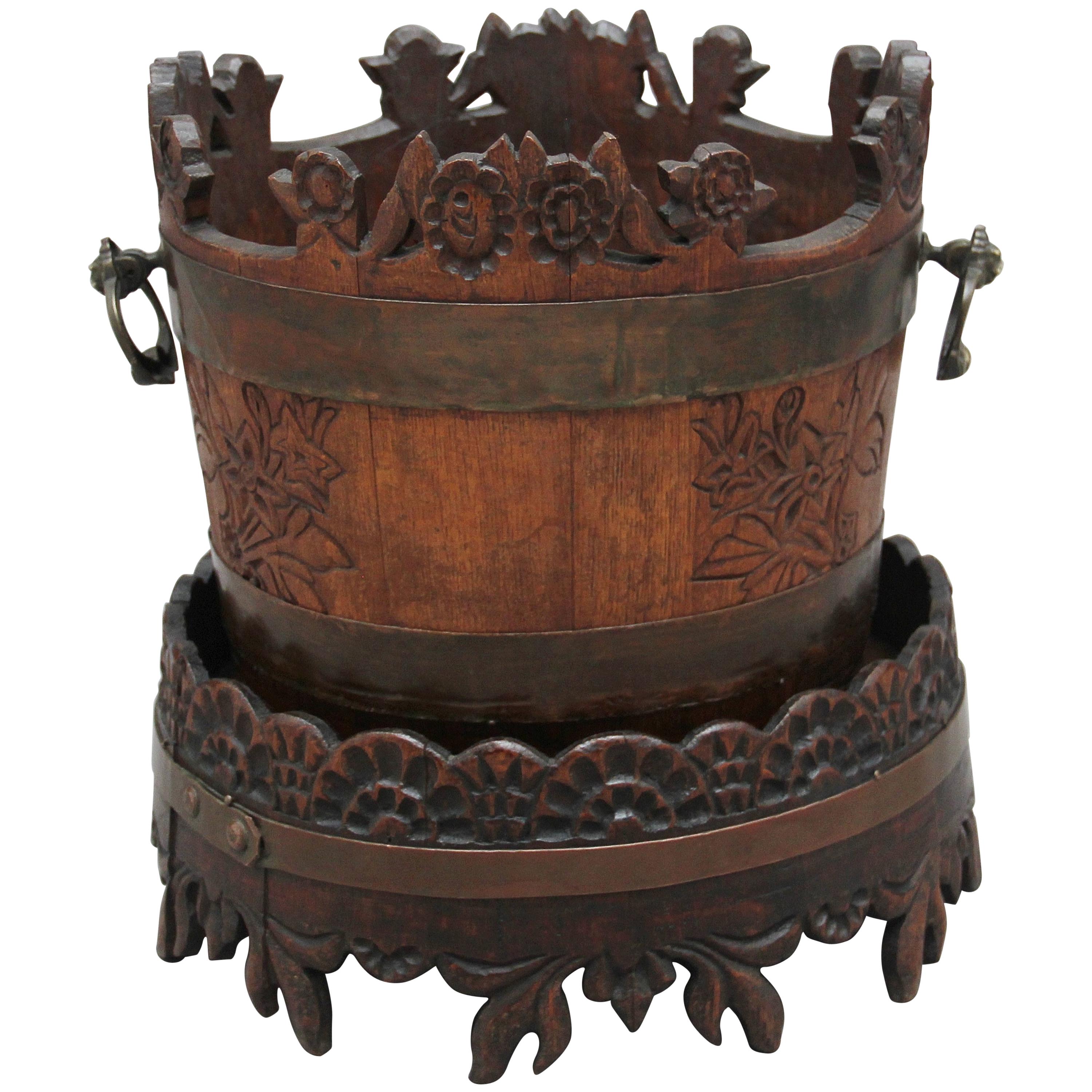 19th Century Carved Oak Bucket and Stand