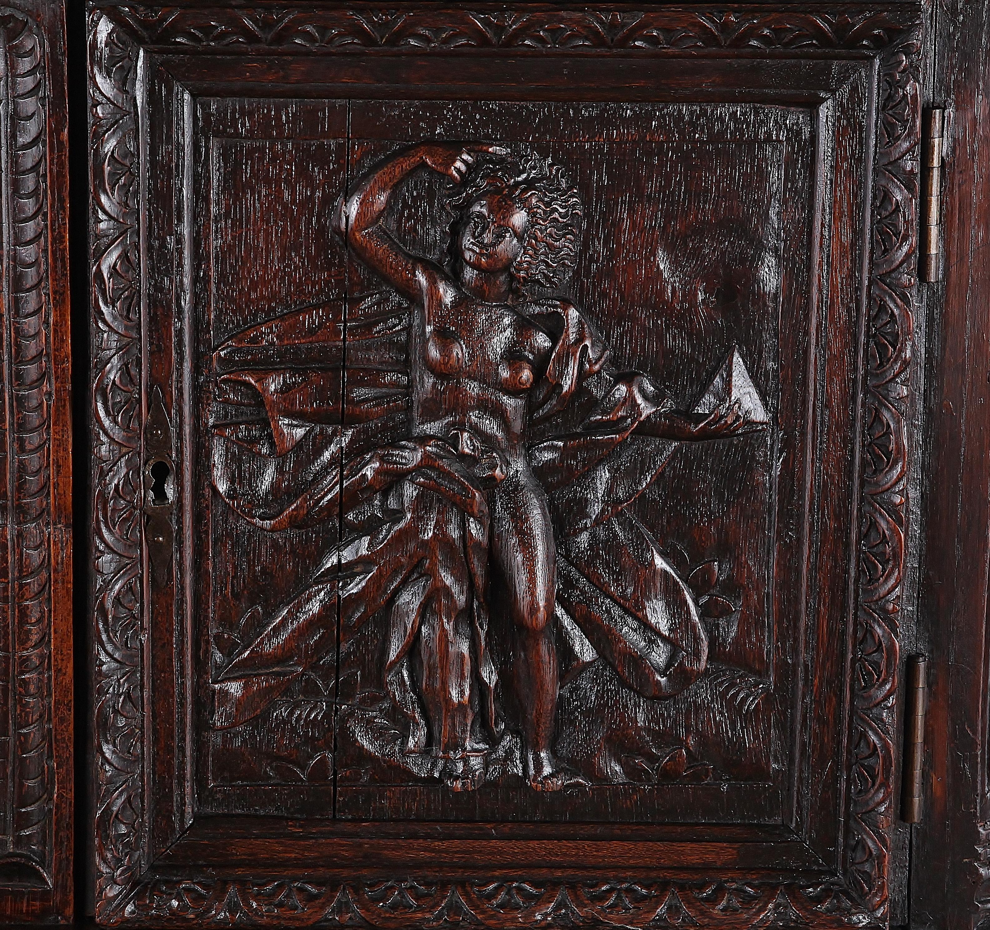 Hand-Carved 19th Century Carved Oak Cabinet on Stand