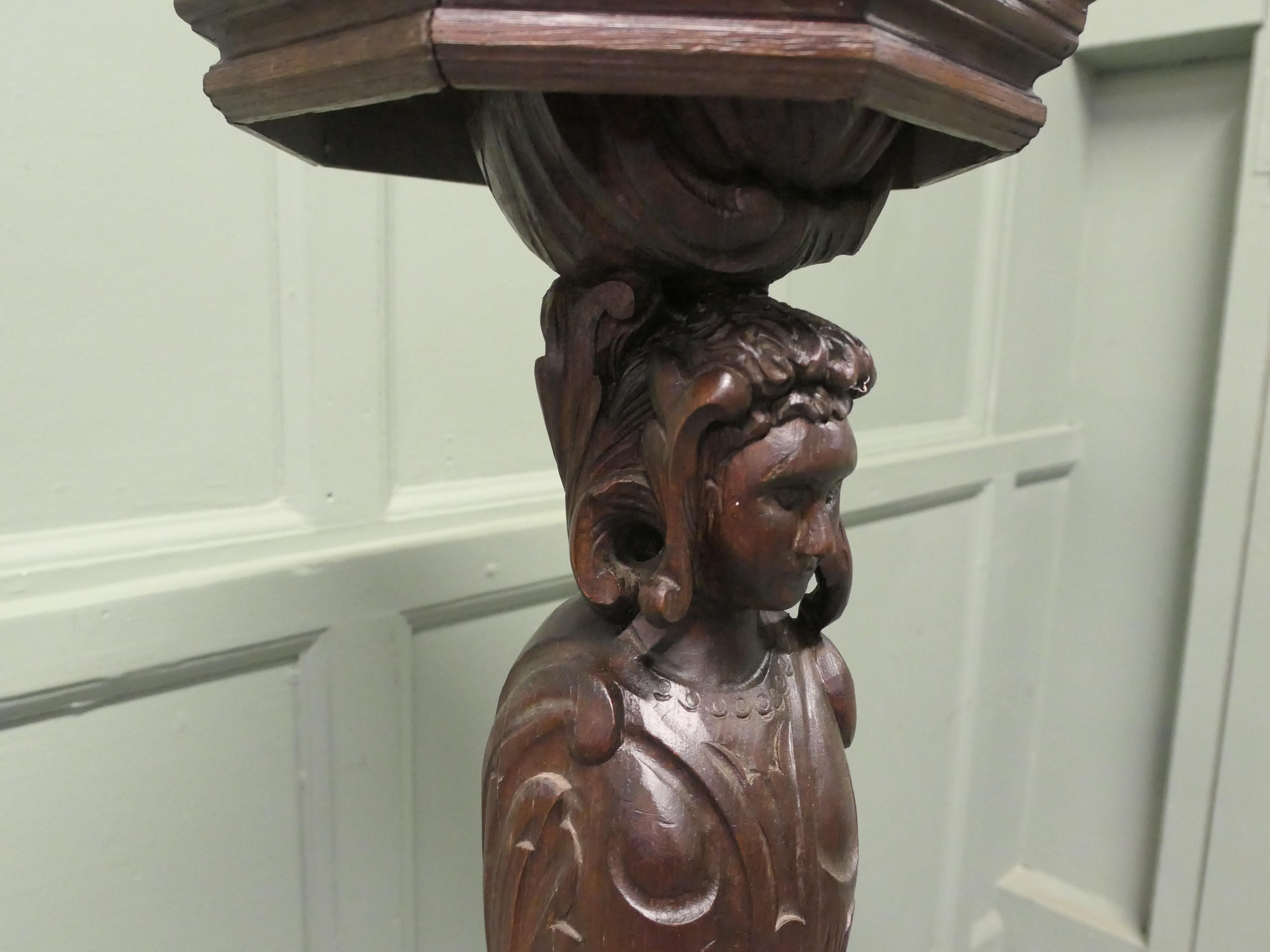 Gothic 19th Century Carved Oak Caryatid Pedestal This is a superbly carved piece For Sale