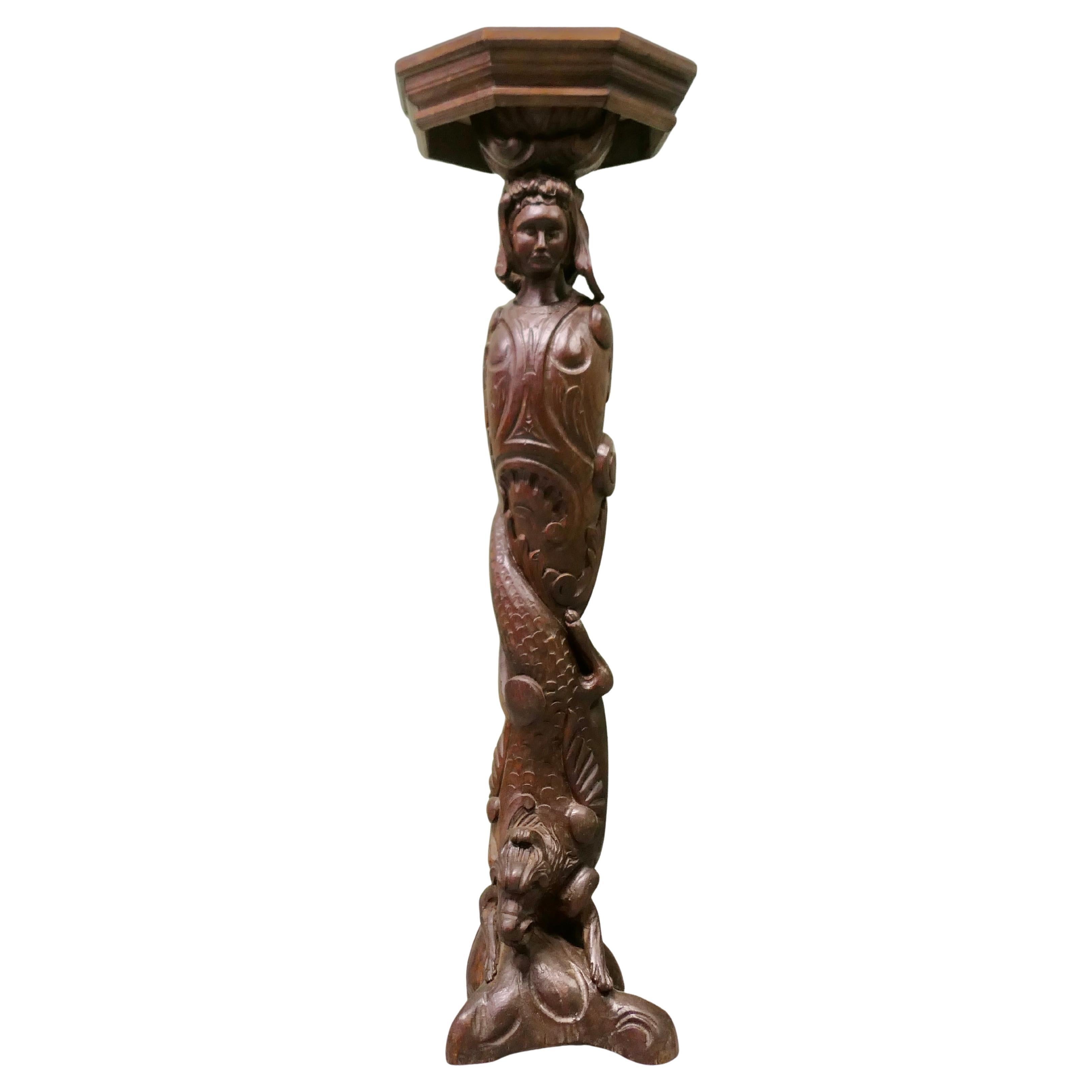 19th Century Carved Oak Caryatid Pedestal This is a superbly carved piece For Sale