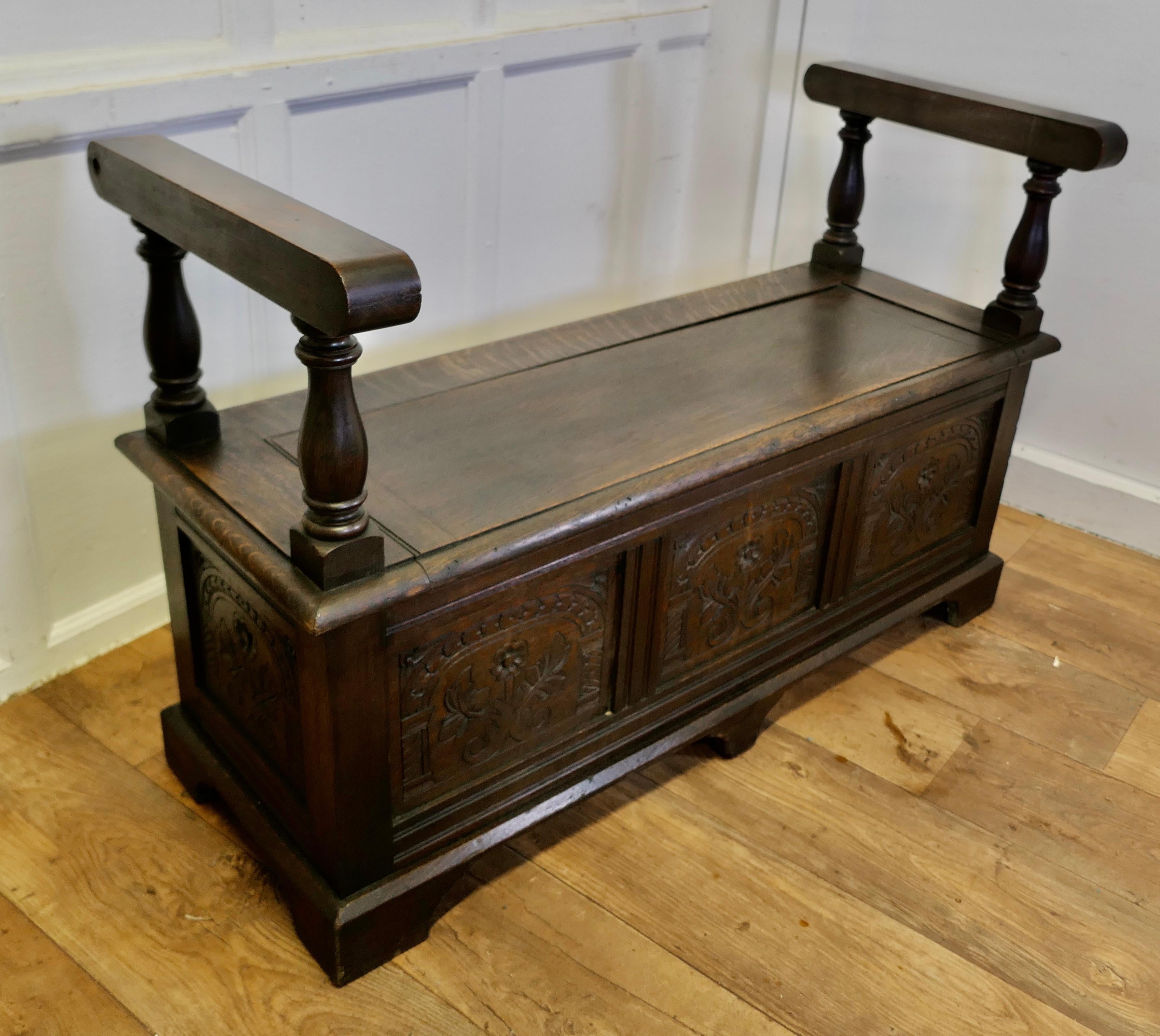 19th Century Carved Oak Coffer, Hall Seat  This is a lovely old piece   1