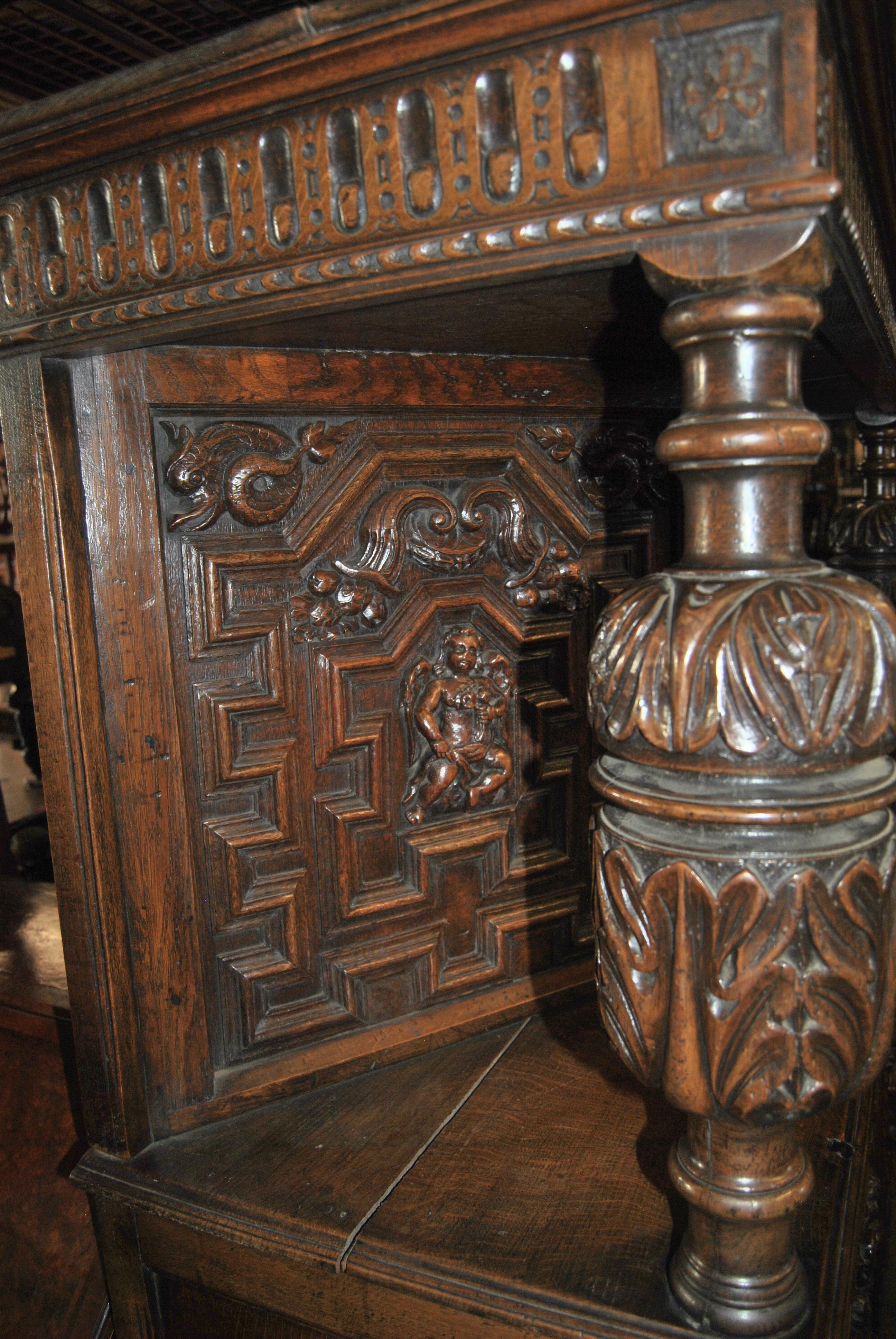 Elizabethan 19th Century Carved Oak Court Cupboard For Sale