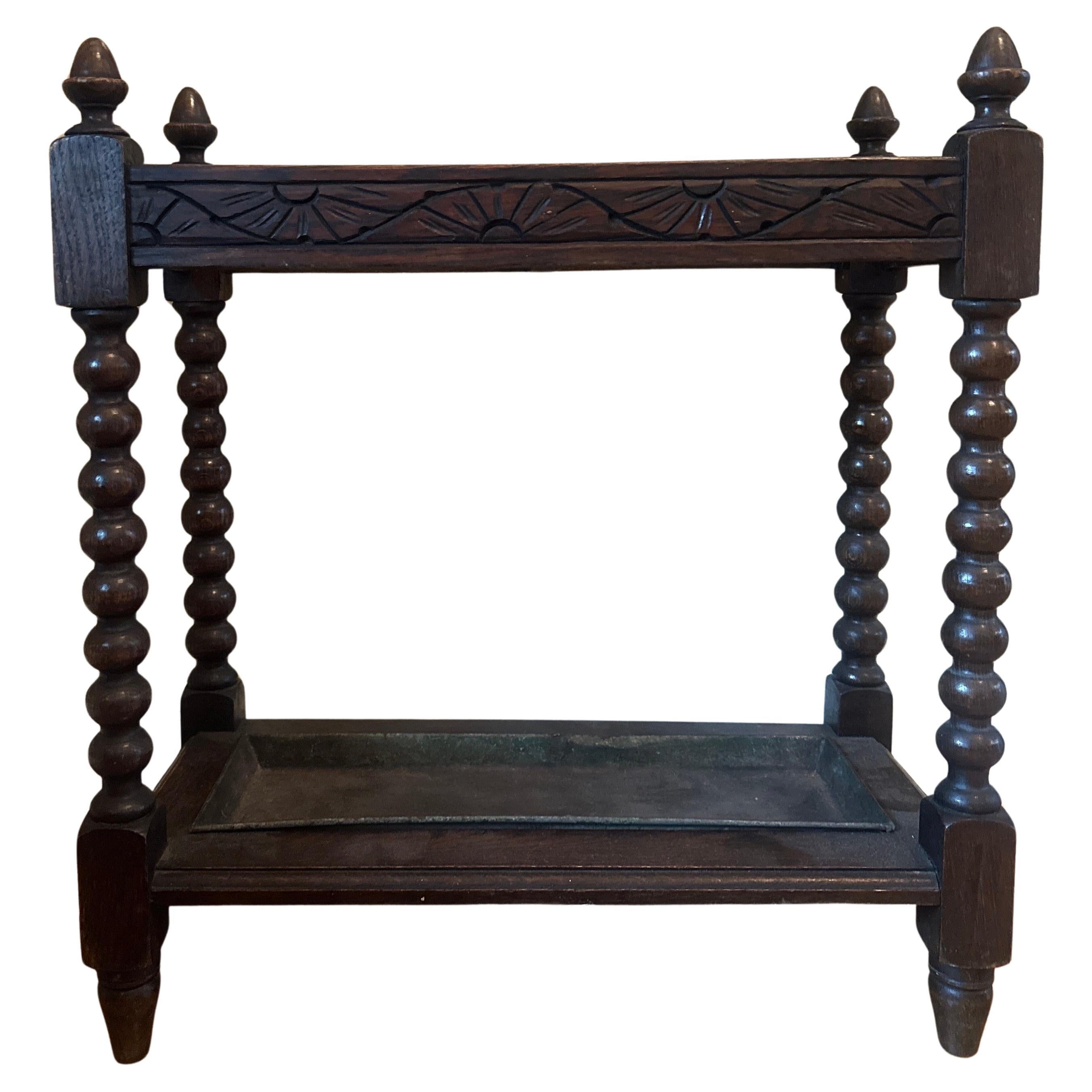 19th century carved oak English Umbrella bobbin stick stand