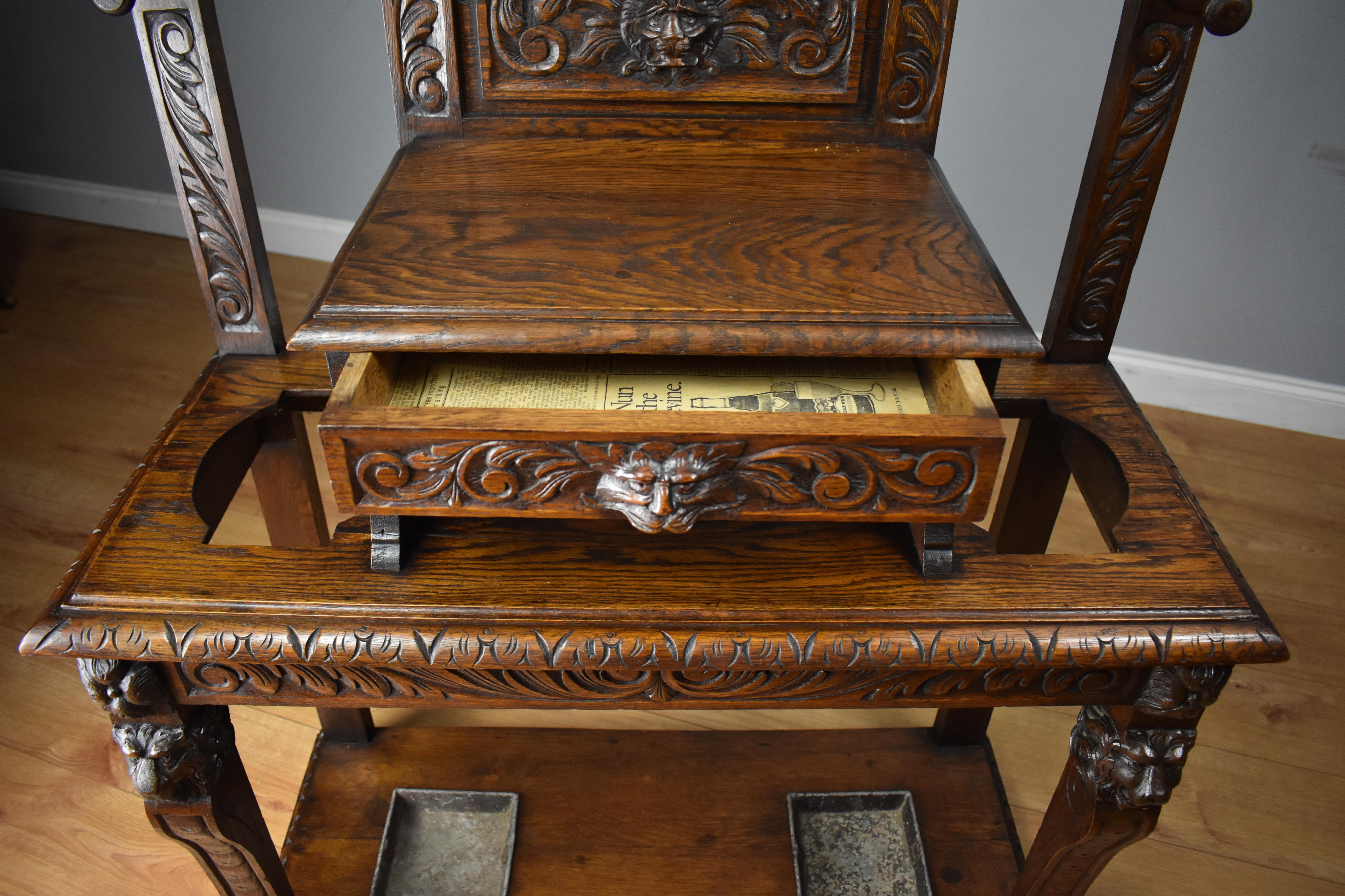19th Century Carved Oak Flemish Style Hall Stand 5