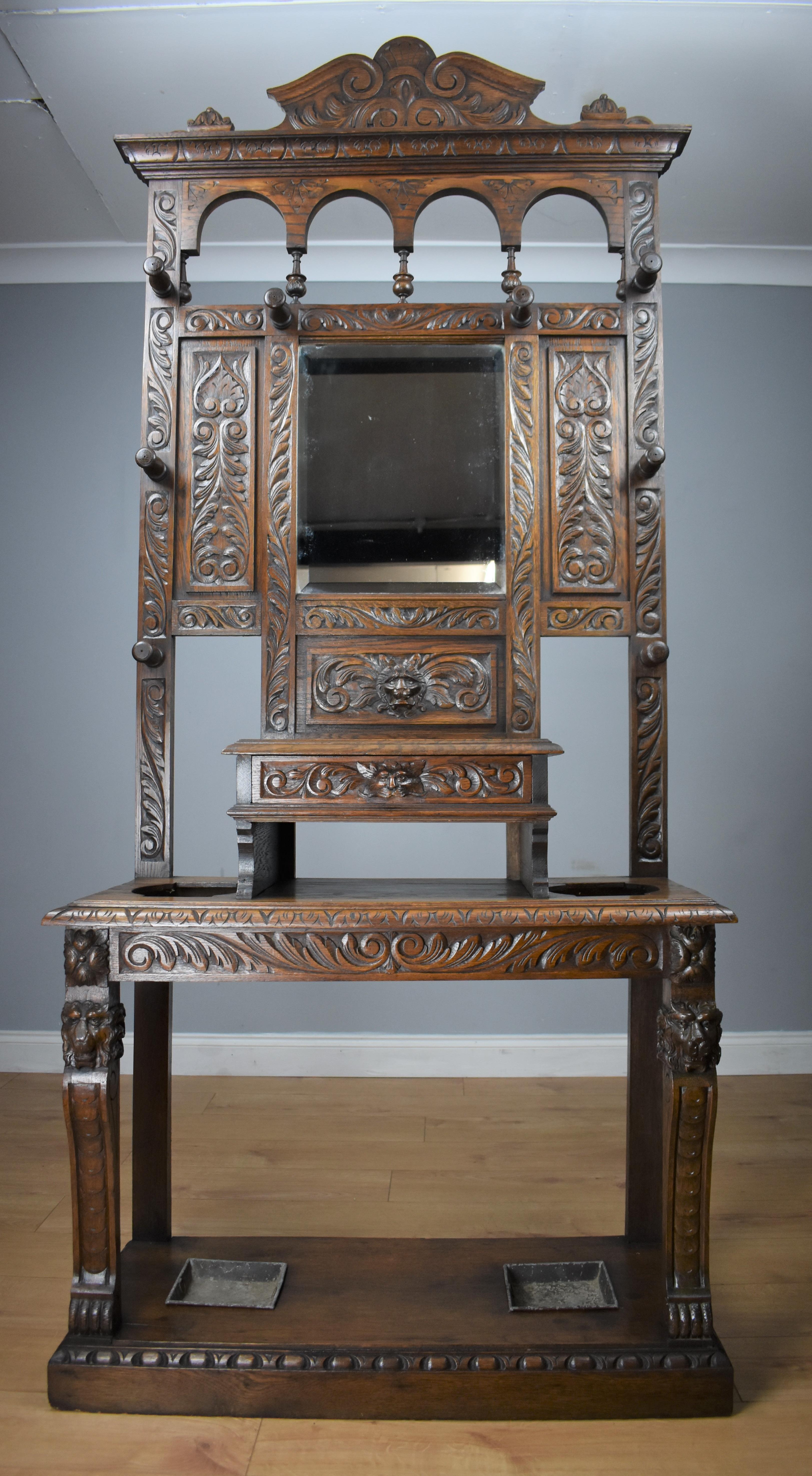 19th Century Carved Oak Flemish Style Hall Stand 8