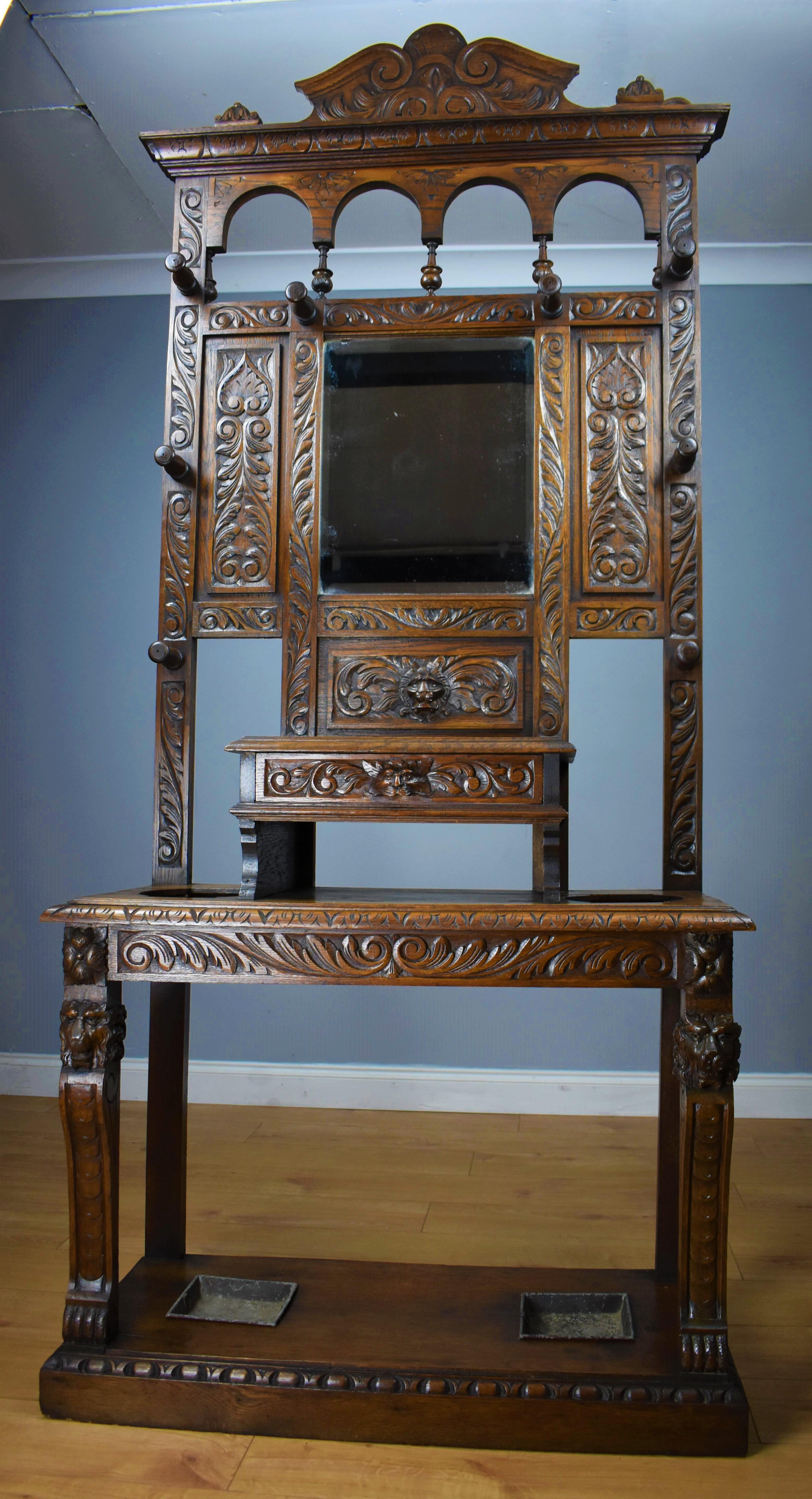 19th Century Carved Oak Flemish Style Hall Stand 9