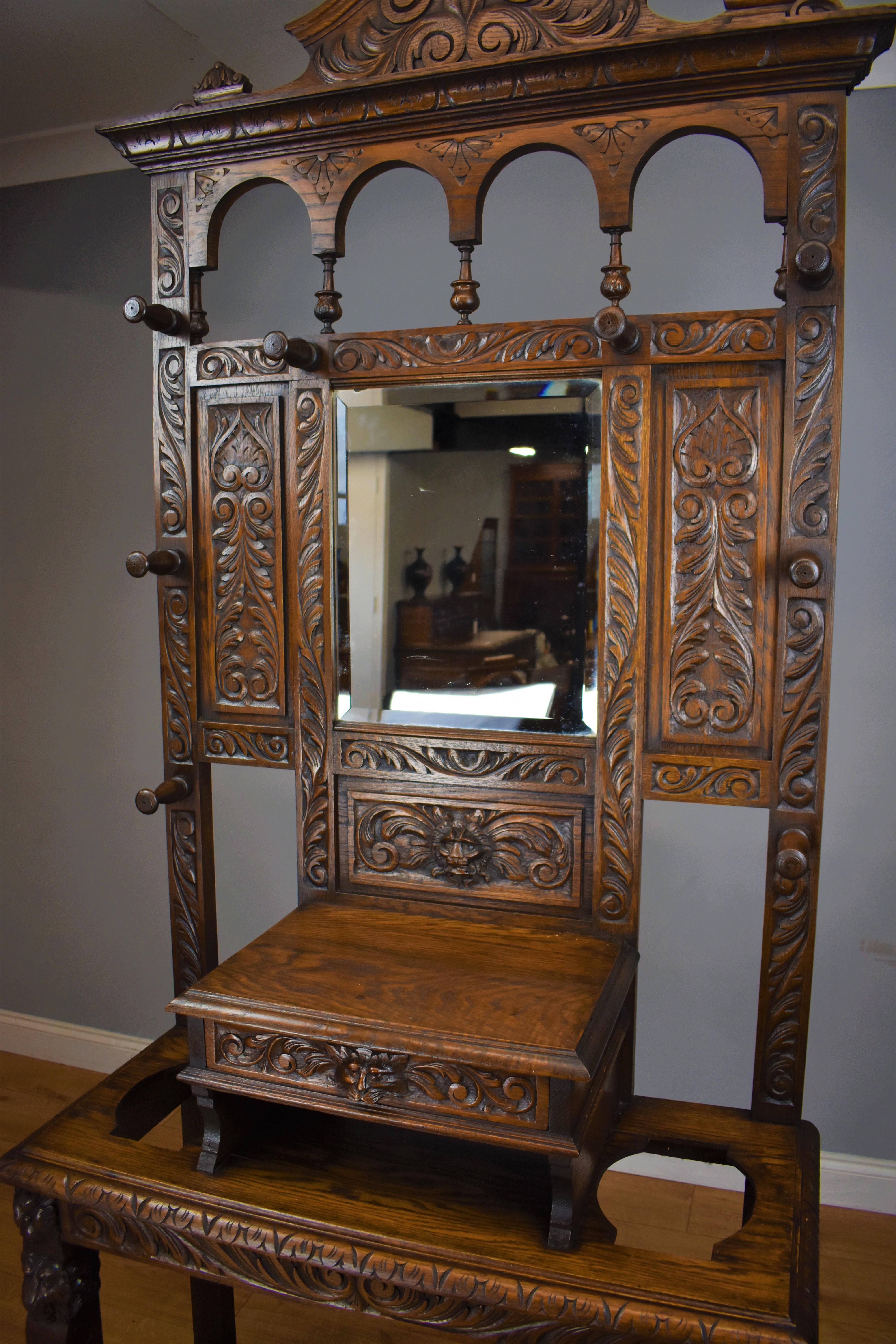 19th Century Carved Oak Flemish Style Hall Stand 11