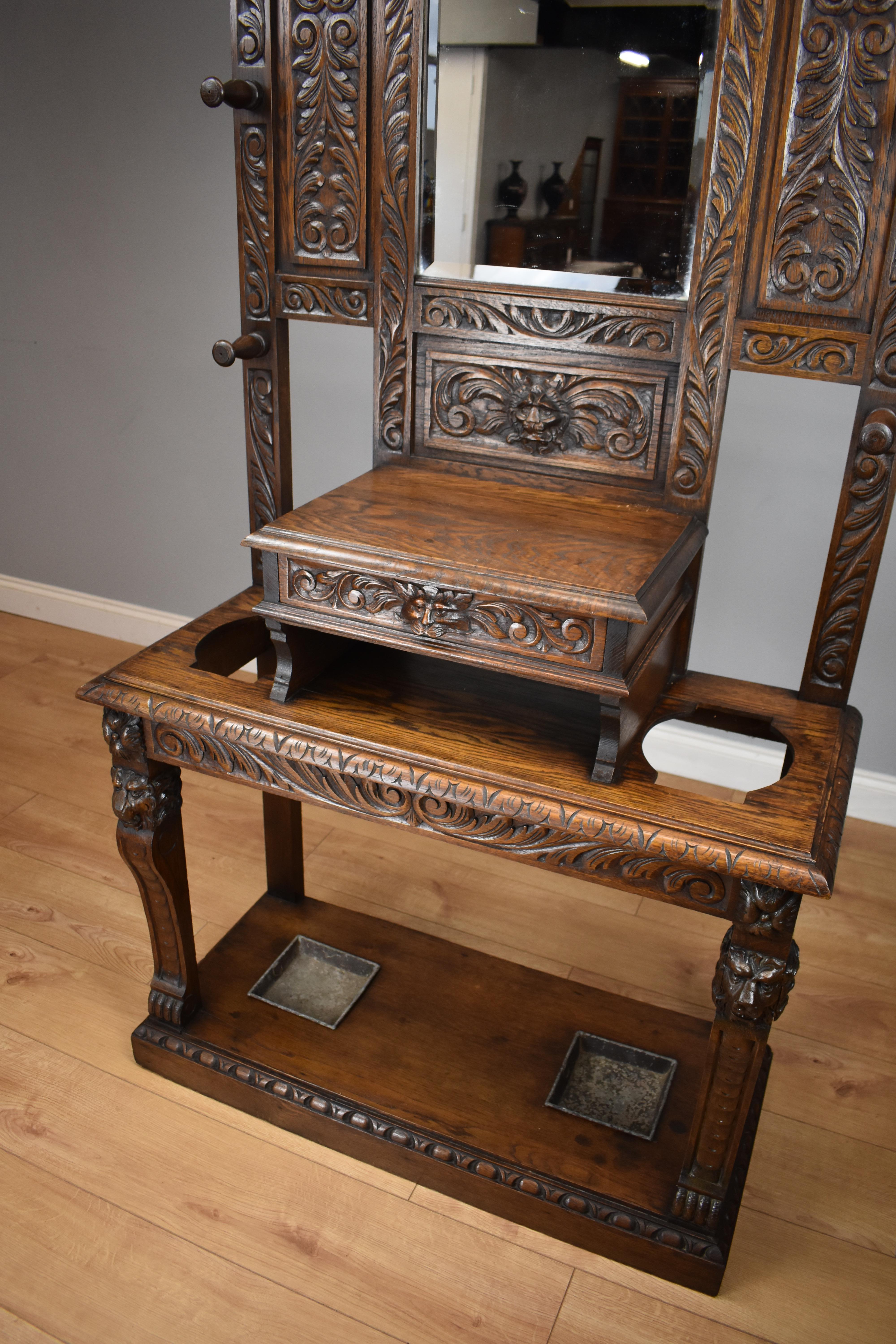 19th Century Carved Oak Flemish Style Hall Stand 12